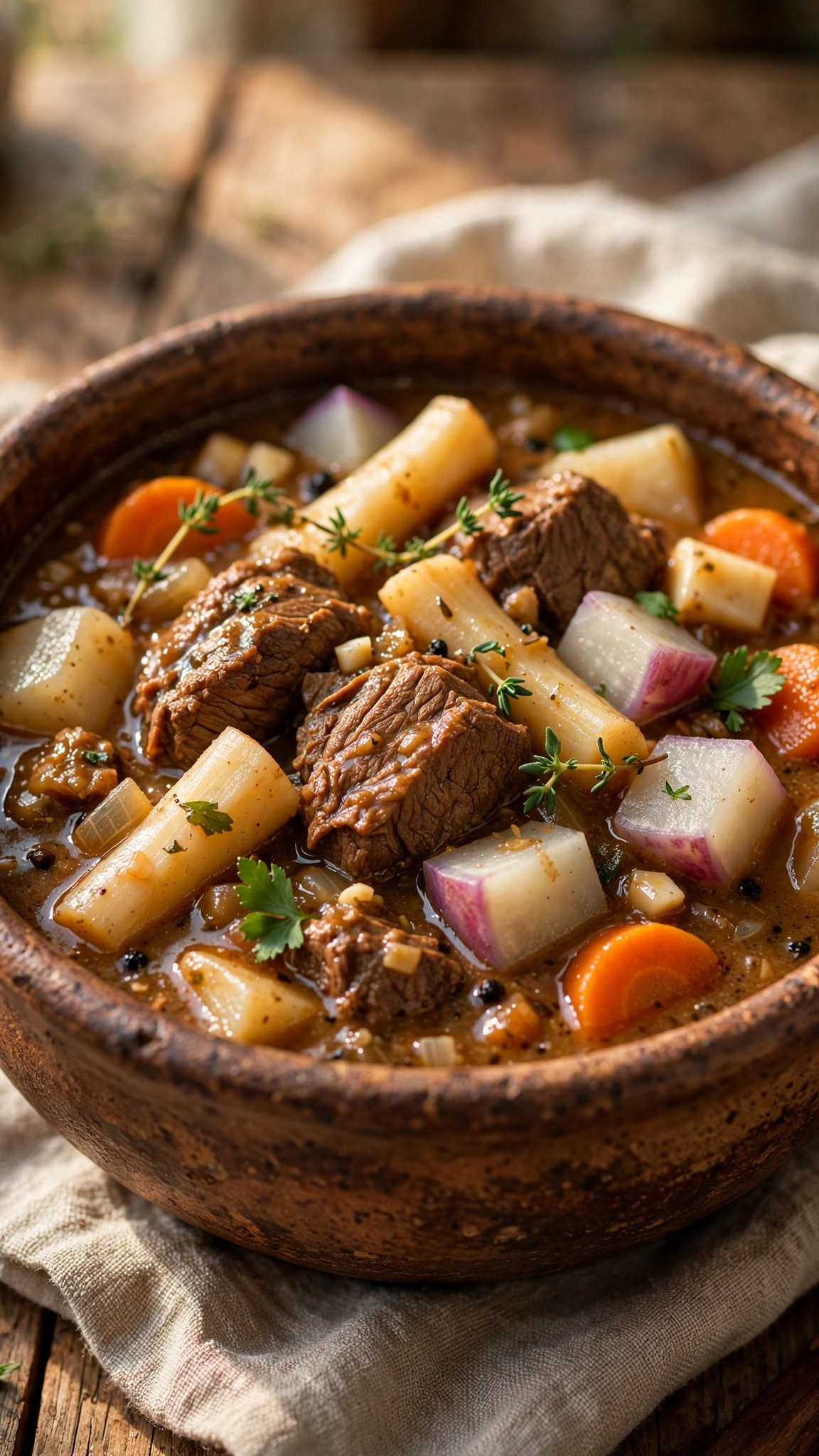 Beef and root vegetable stew with parsnips, turnips and carrots in thick savory broth in an earthenware bowl