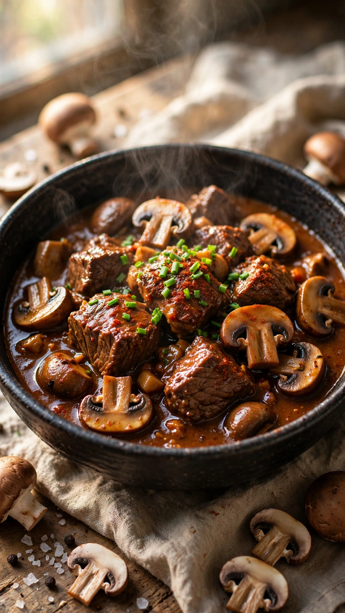 Smoky beef and mushroom stew in a dark bowl with cremini mushrooms and paprika tinted gravy topped with chives