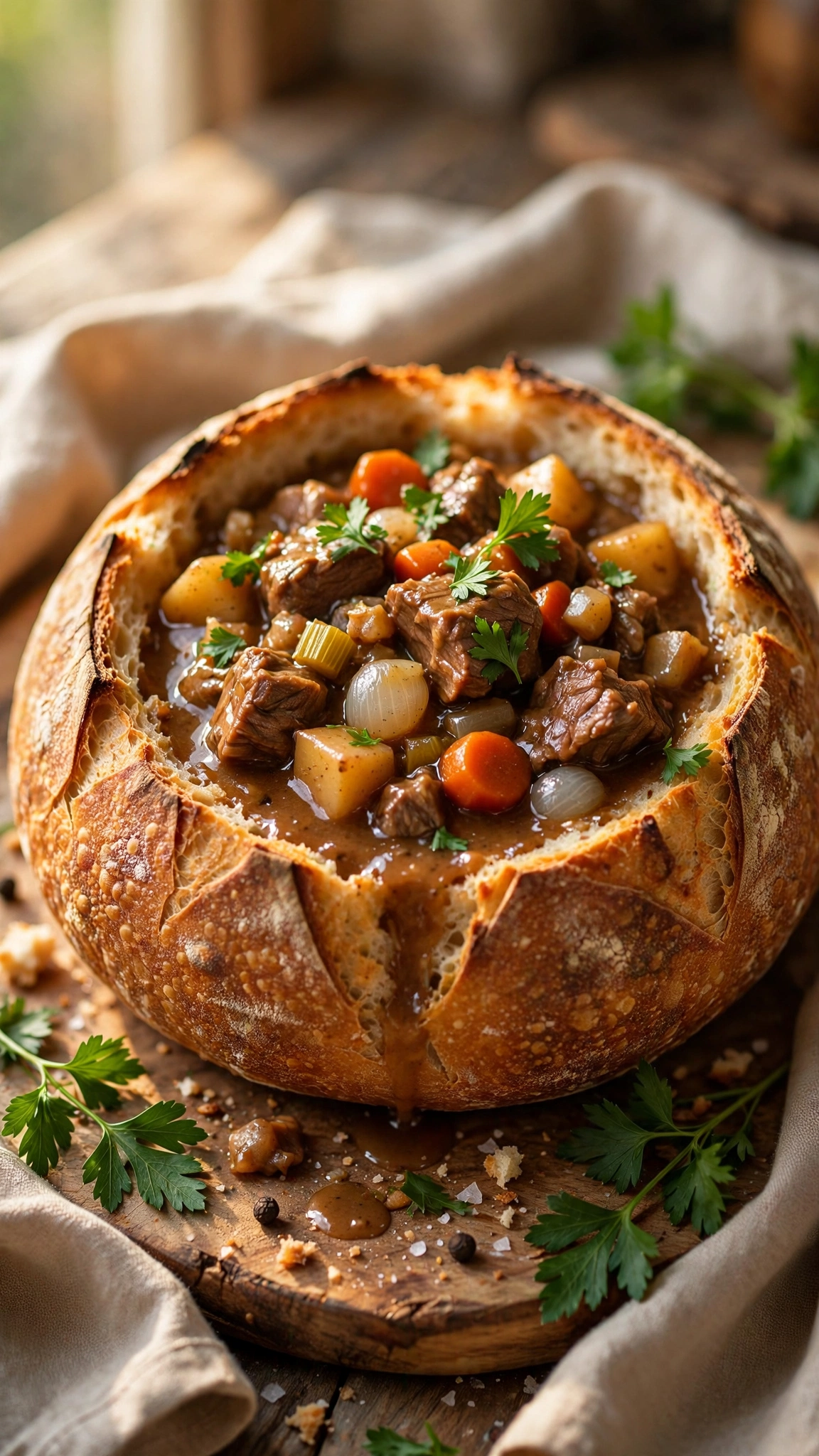 Beef stew served inside a hollowed crusty bread bowl, gravy soaking into the bread, on a wooden board with parsley