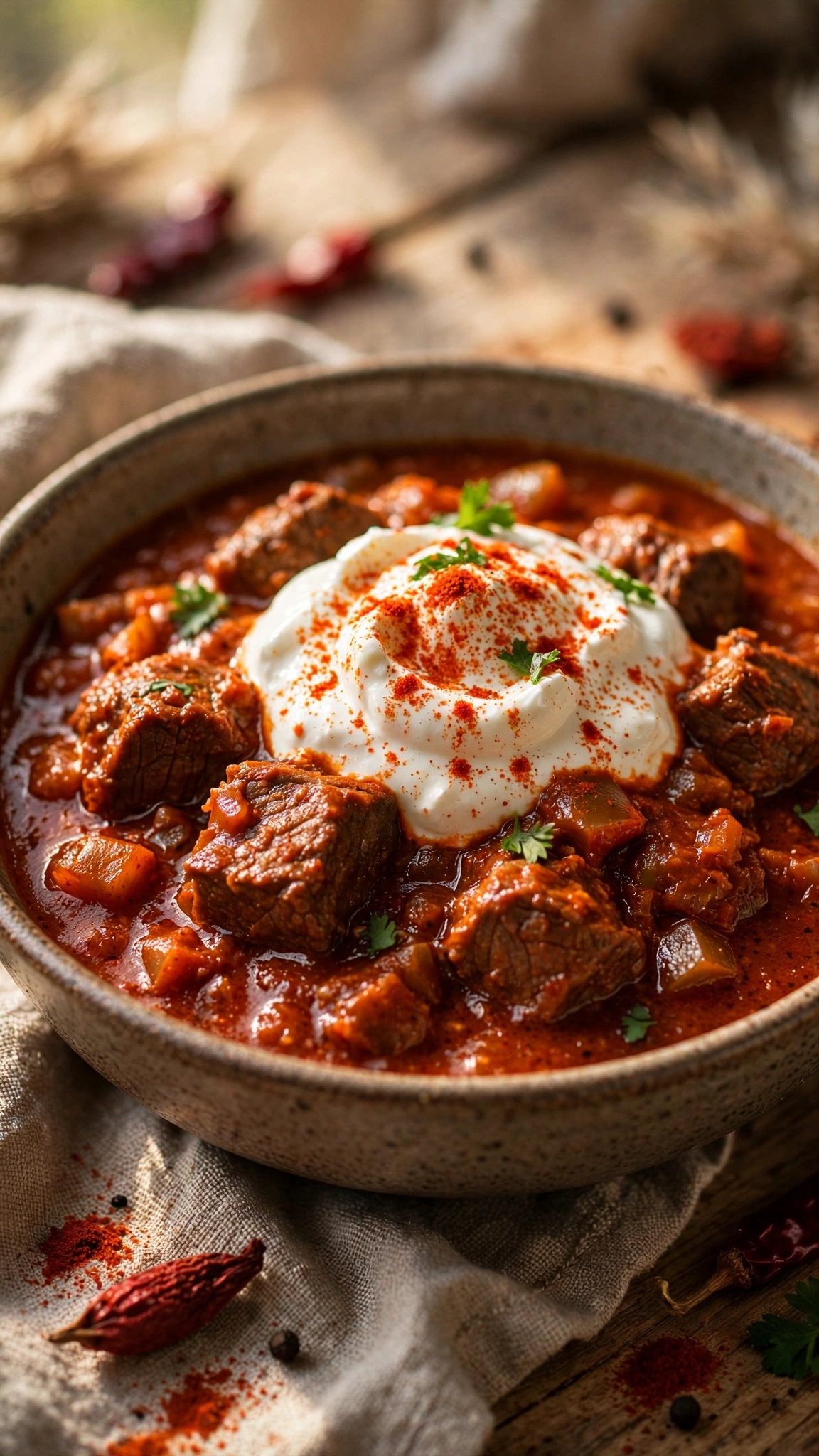 Hungarian beef goulash in a bowl with deep red paprika sauce and tender beef cubes, dollop of sour cream on top