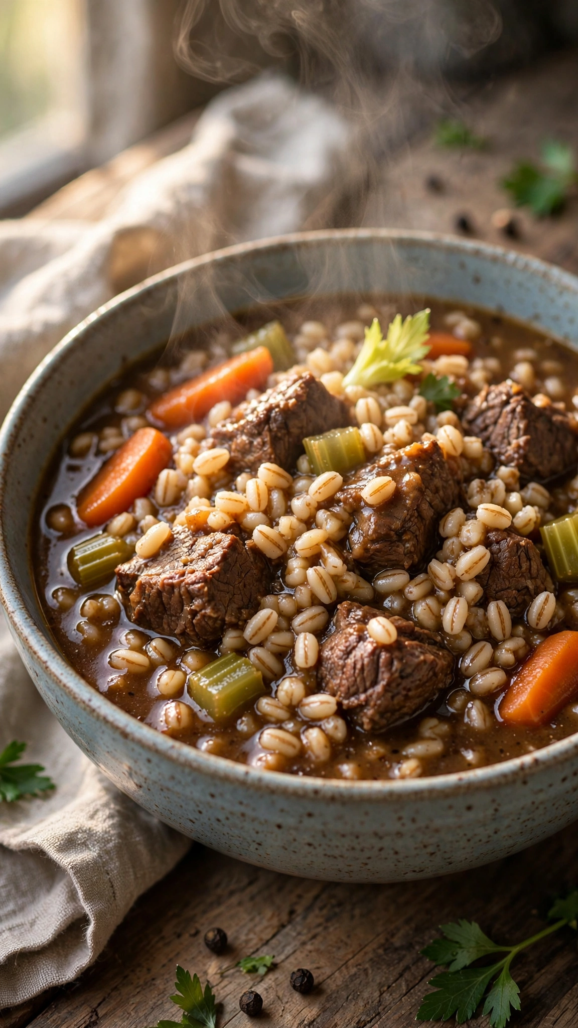 Beef and barley stew in a ceramic bowl with plump barley grains, carrots and celery in thick savory broth