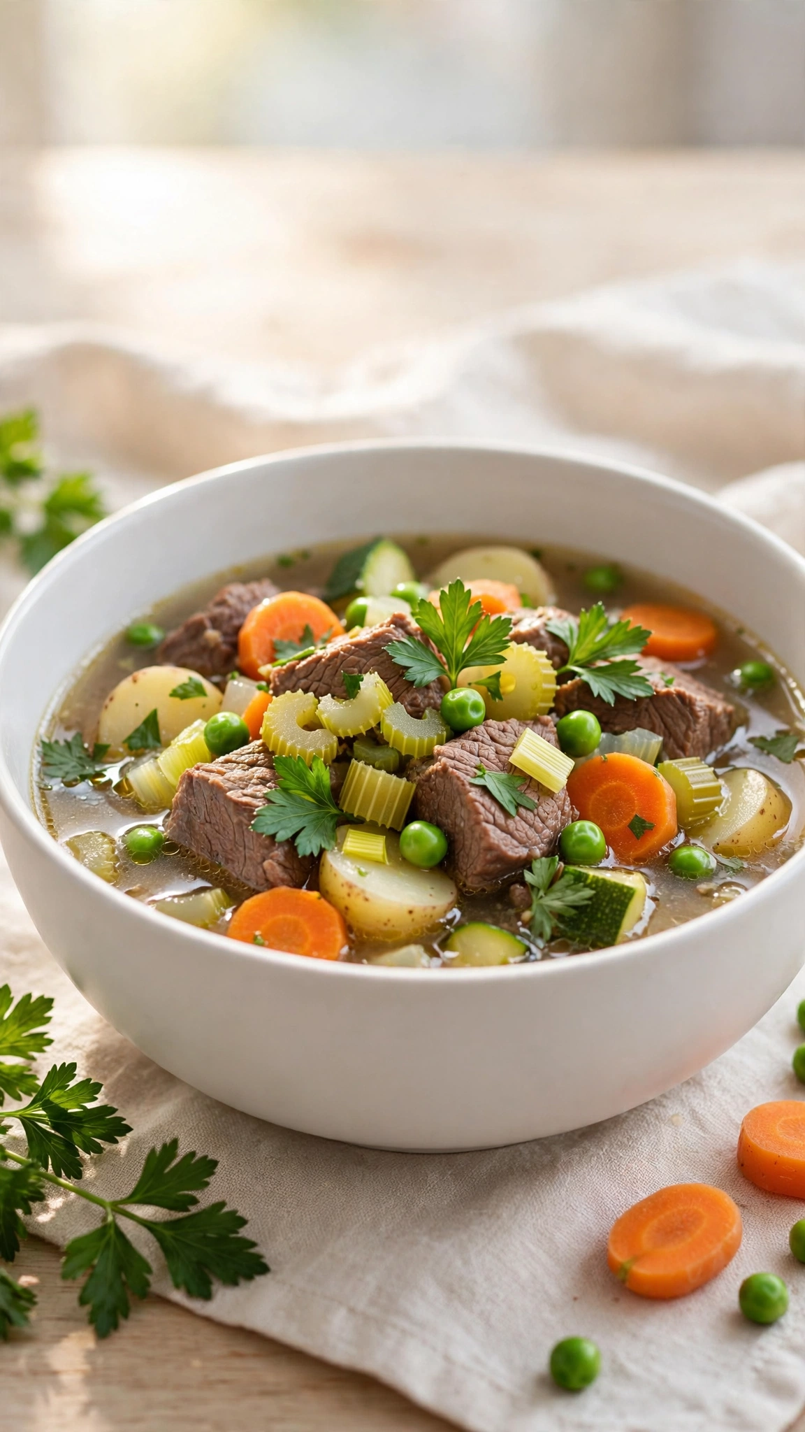 Quick weeknight beef stew in a modern white bowl with bright vegetables and lighter broth, fresh parsley on top