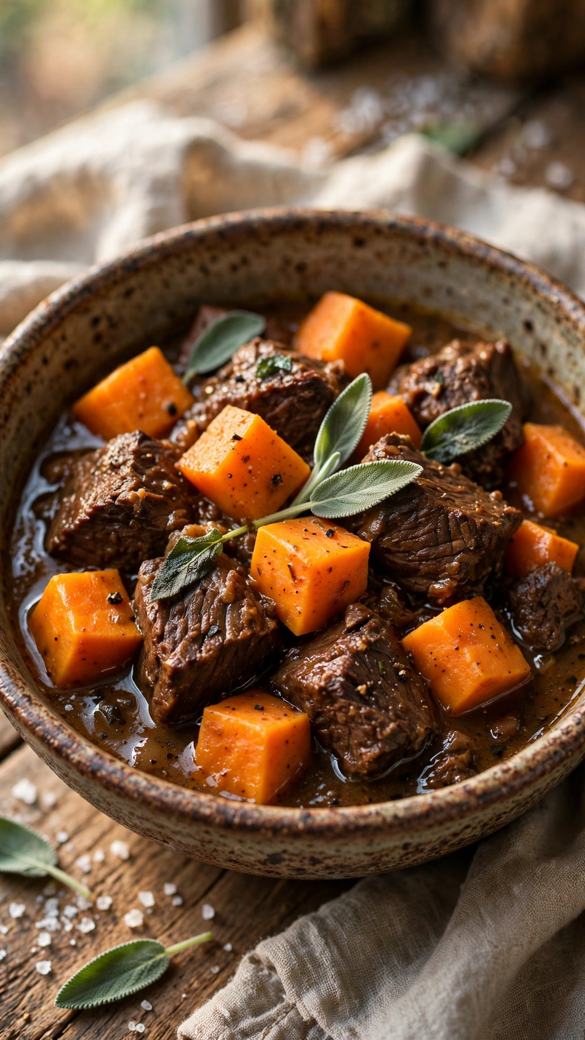 Beef stew with sweet potatoes in a rustic bowl, orange sweet potato cubes contrasting with dark beef, sage leaves