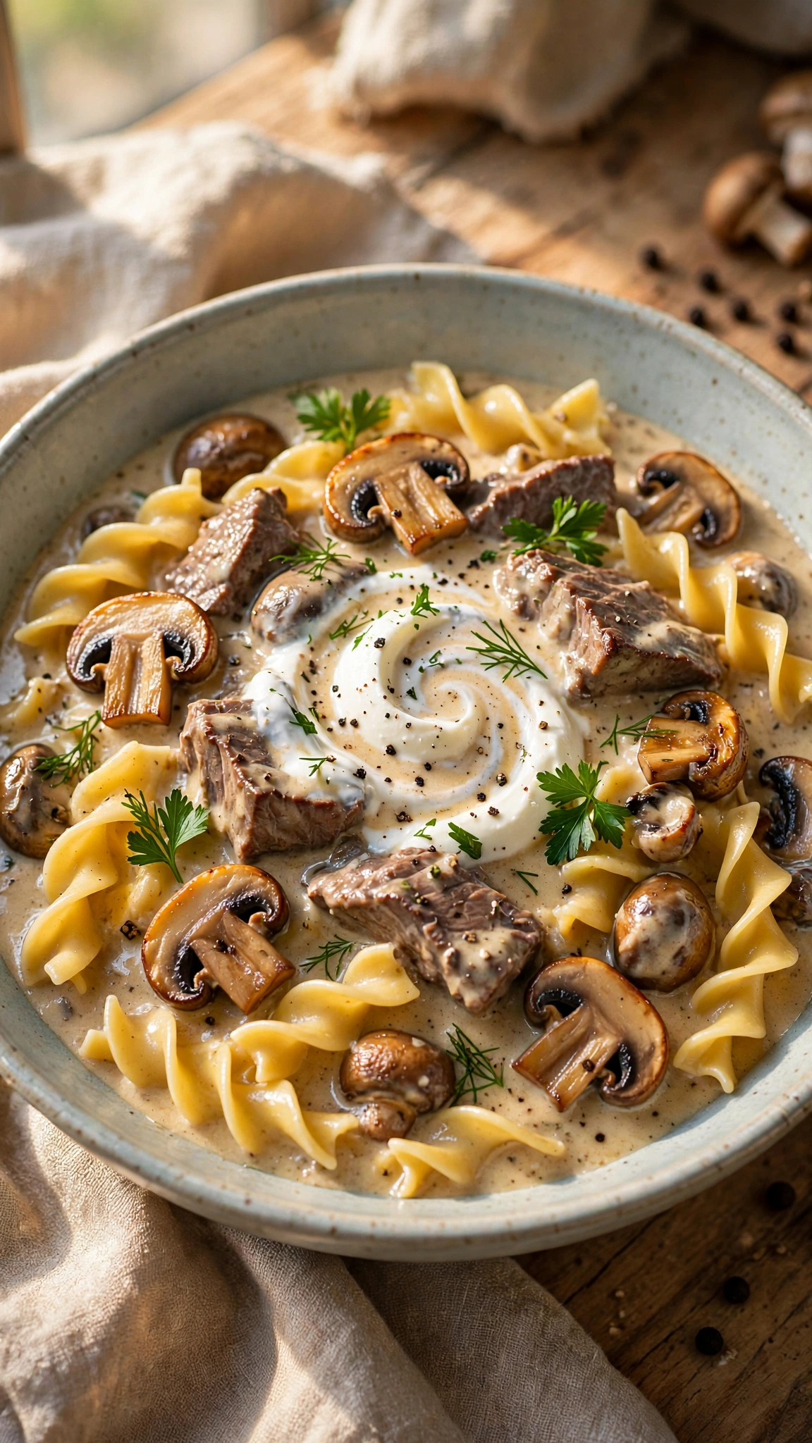 Creamy beef stroganoff style stew with egg noodles, sour cream swirl and sauteed mushrooms in a wide shallow bowl