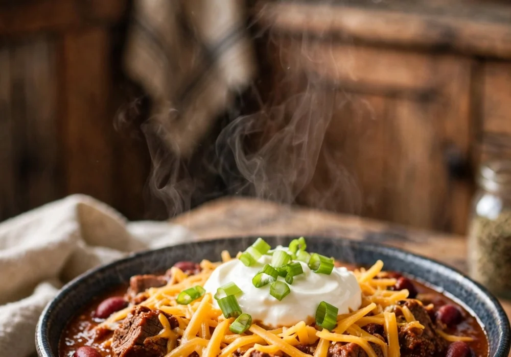 Bowl of classic beef chili with kidney beans topped with shredded cheddar, sour cream and green onions, steam rising
