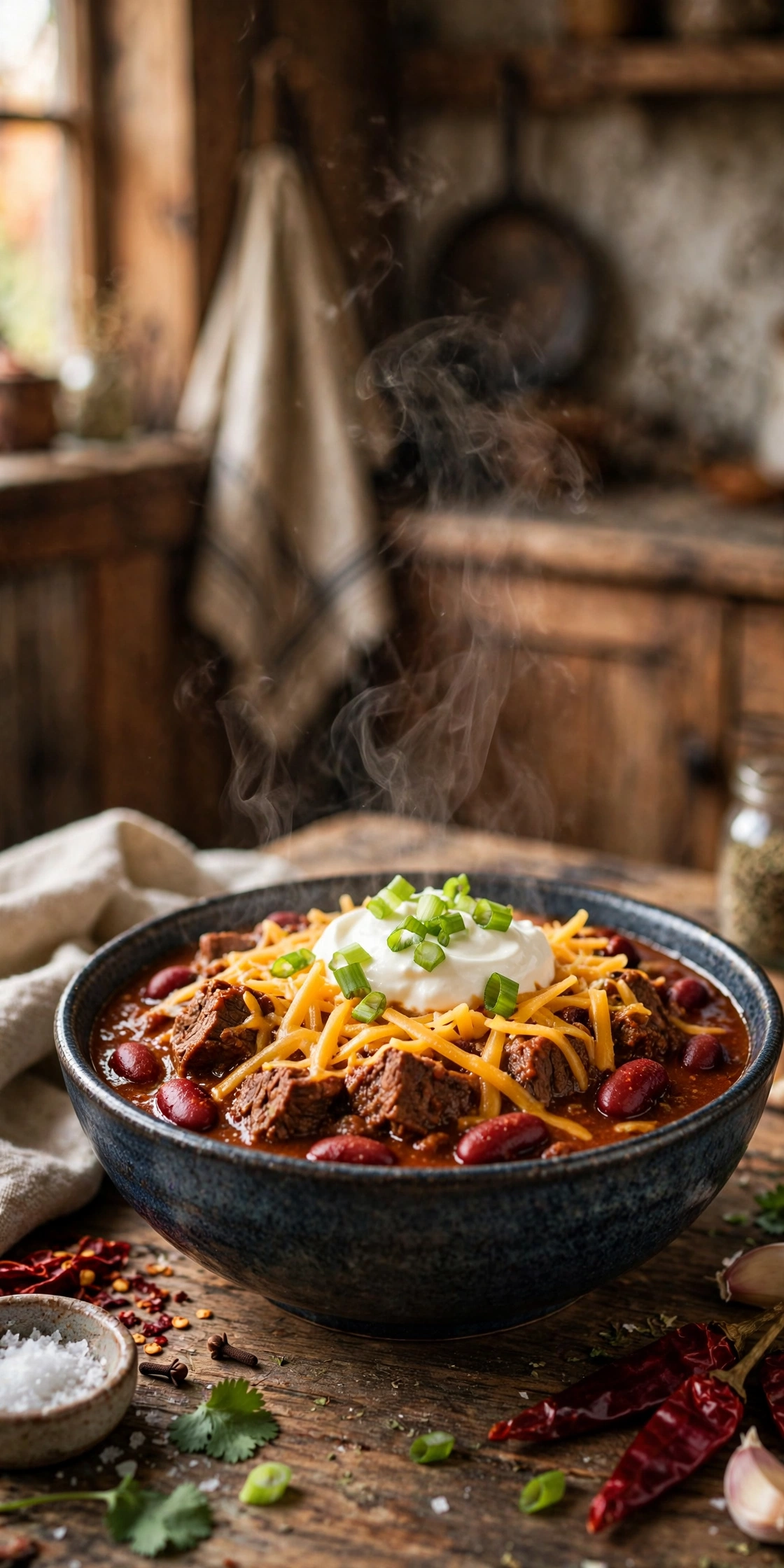 Bowl of classic beef chili with kidney beans topped with shredded cheddar, sour cream and green onions, steam rising