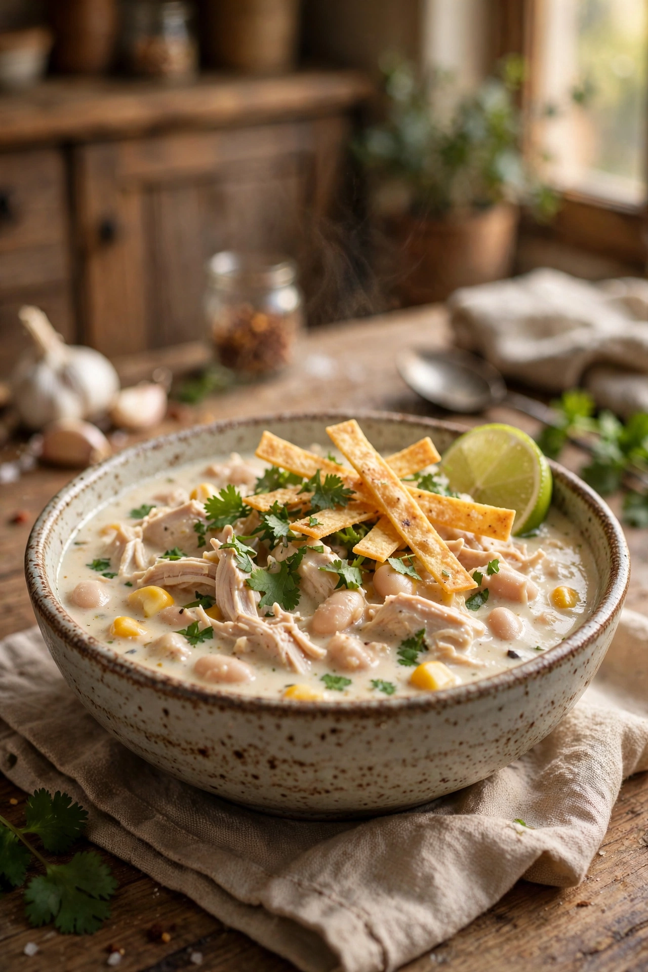 Creamy white chicken chili with white beans, corn and shredded chicken, topped with cilantro, lime and tortilla strips