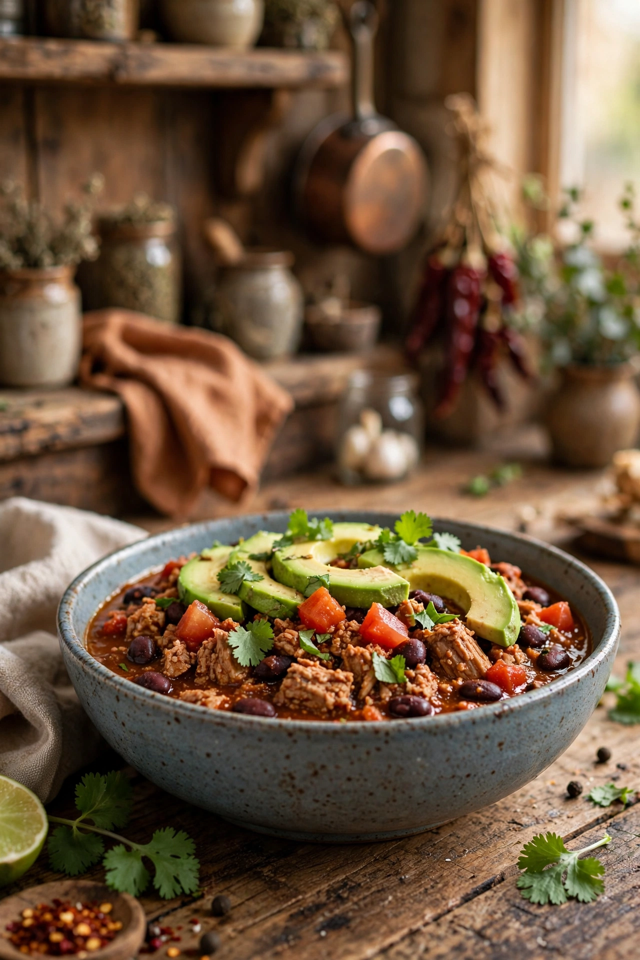Bowl of lean turkey chili with black beans and diced tomatoes, topped with avocado slices and fresh cilantro