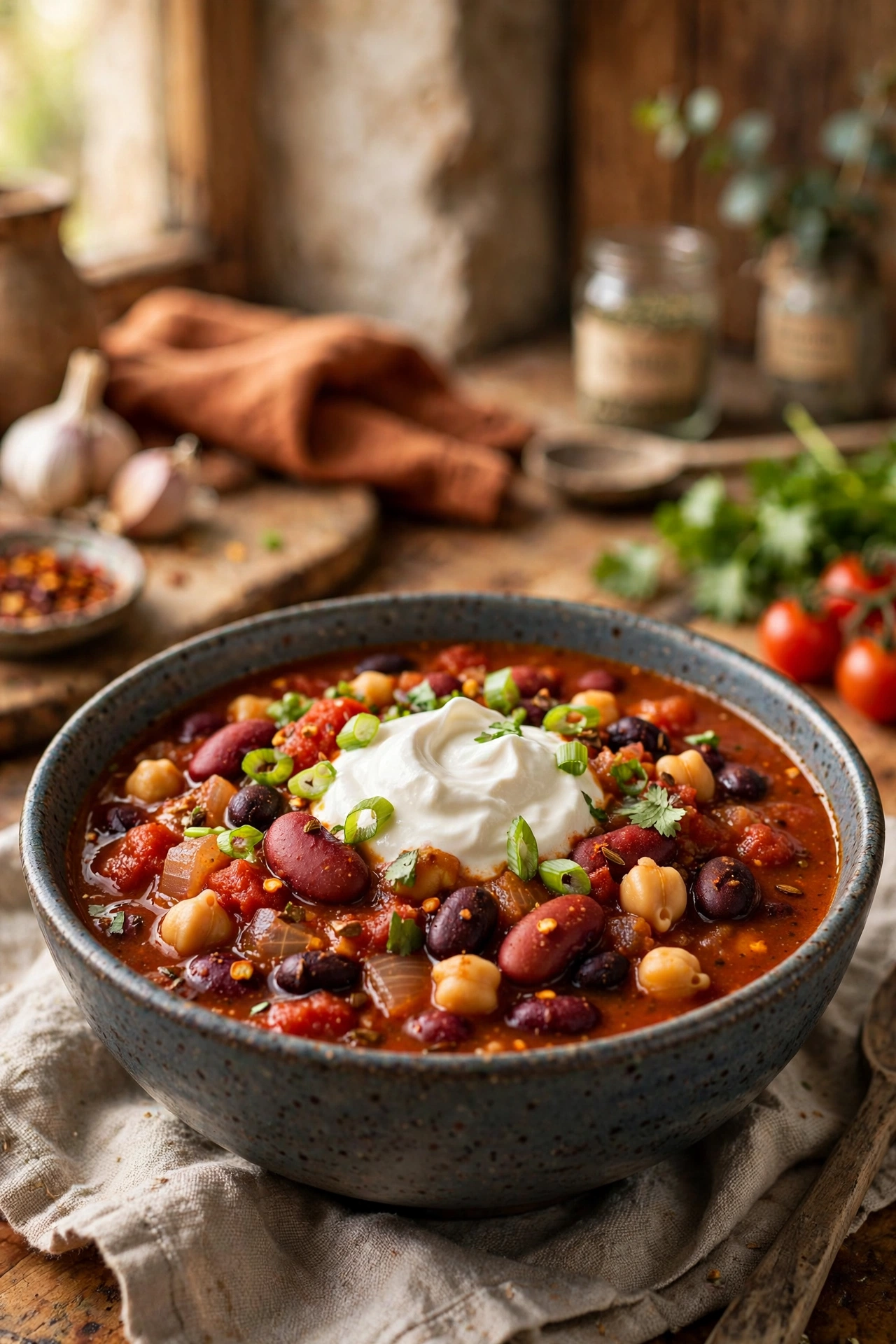 Vegetarian three-bean chili with kidney beans, black beans and chickpeas in rich tomato broth, scallions on top