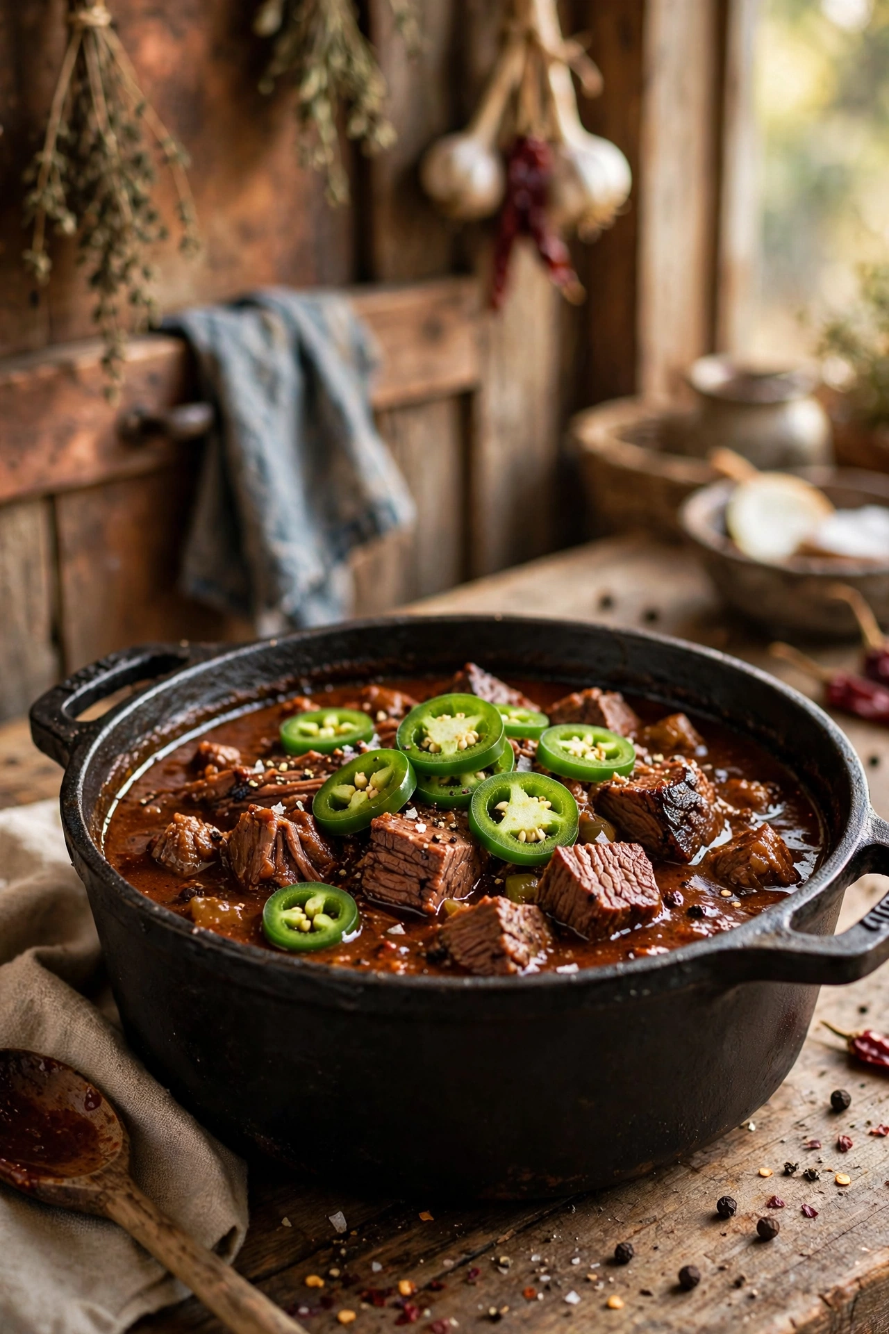 Texas brisket chili with tender beef chunks and no beans in rich dark sauce in a cast iron pot, jalapenos