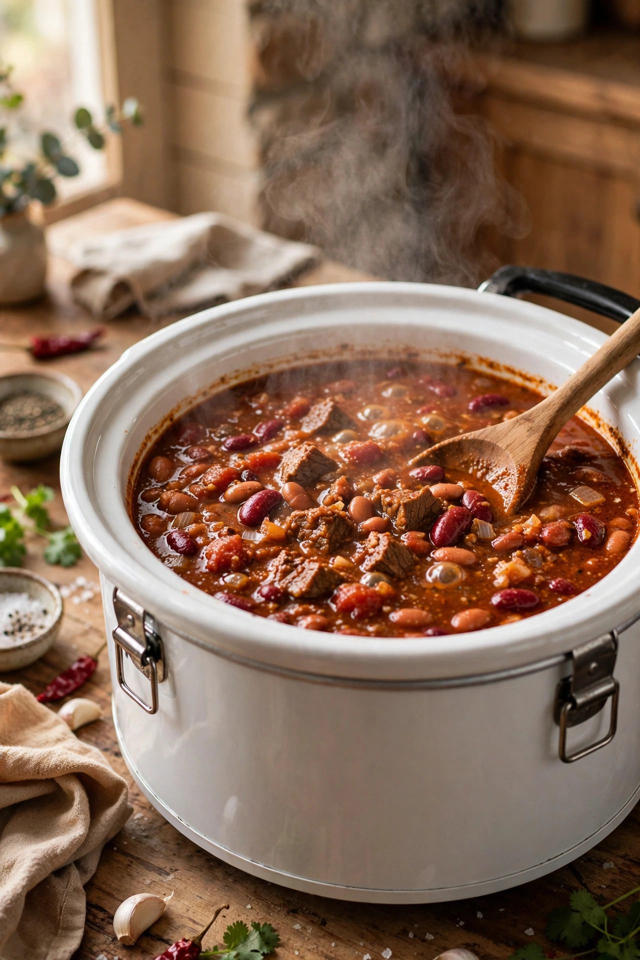 Slow cooker chili with beef and beans bubbling in a white slow cooker, wooden spoon resting inside, steam rising
