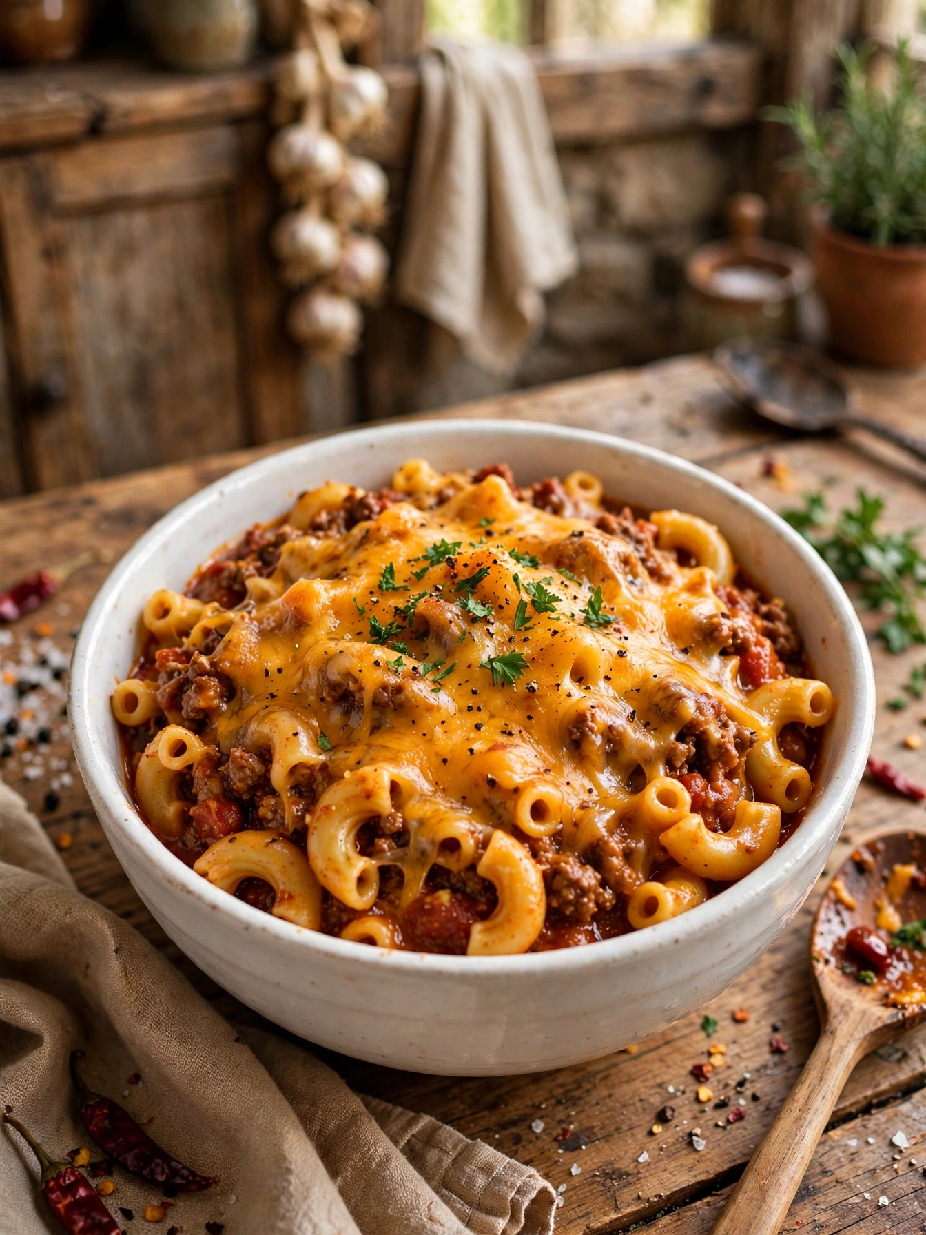 Chili mac with elbow macaroni in cheesy beef chili, melted cheddar on top, in a white bowl