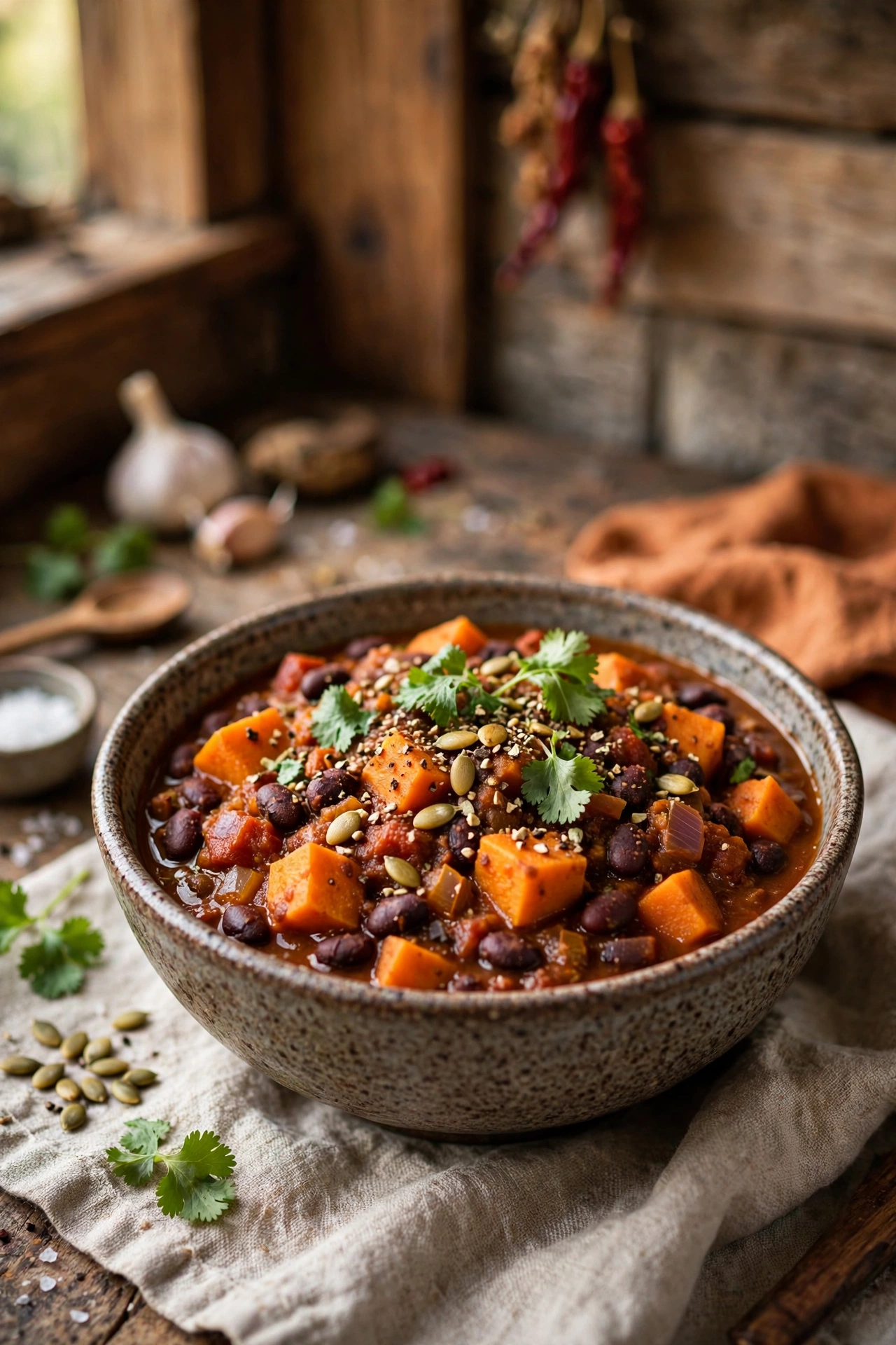 Sweet potato black bean chili with orange sweet potato cubes and black beans, topped with pepitas and cilantro