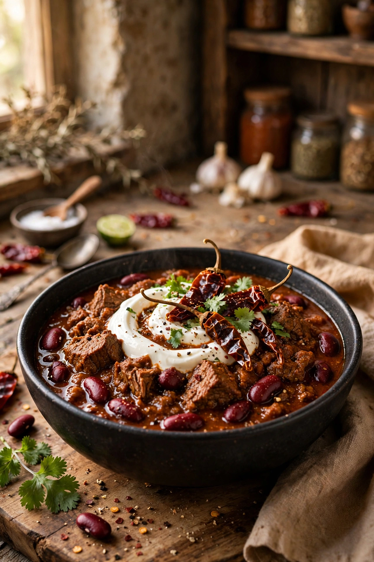 Smoky chipotle chili with beef and kidney beans in a dark bowl, chipotle peppers and sour cream swirl on top
