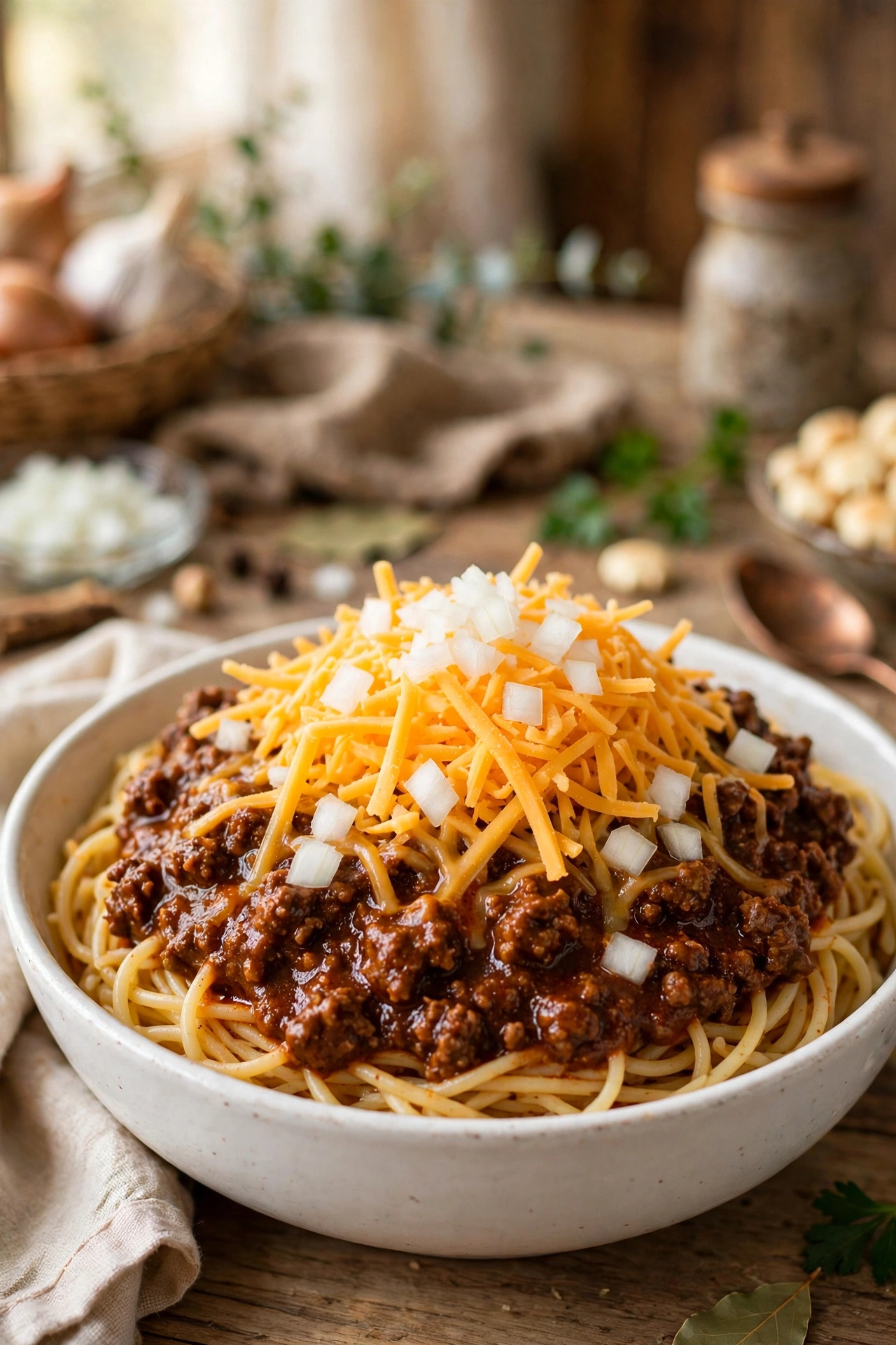 Cincinnati chili served over spaghetti with shredded cheddar piled high and diced onions in a white bowl