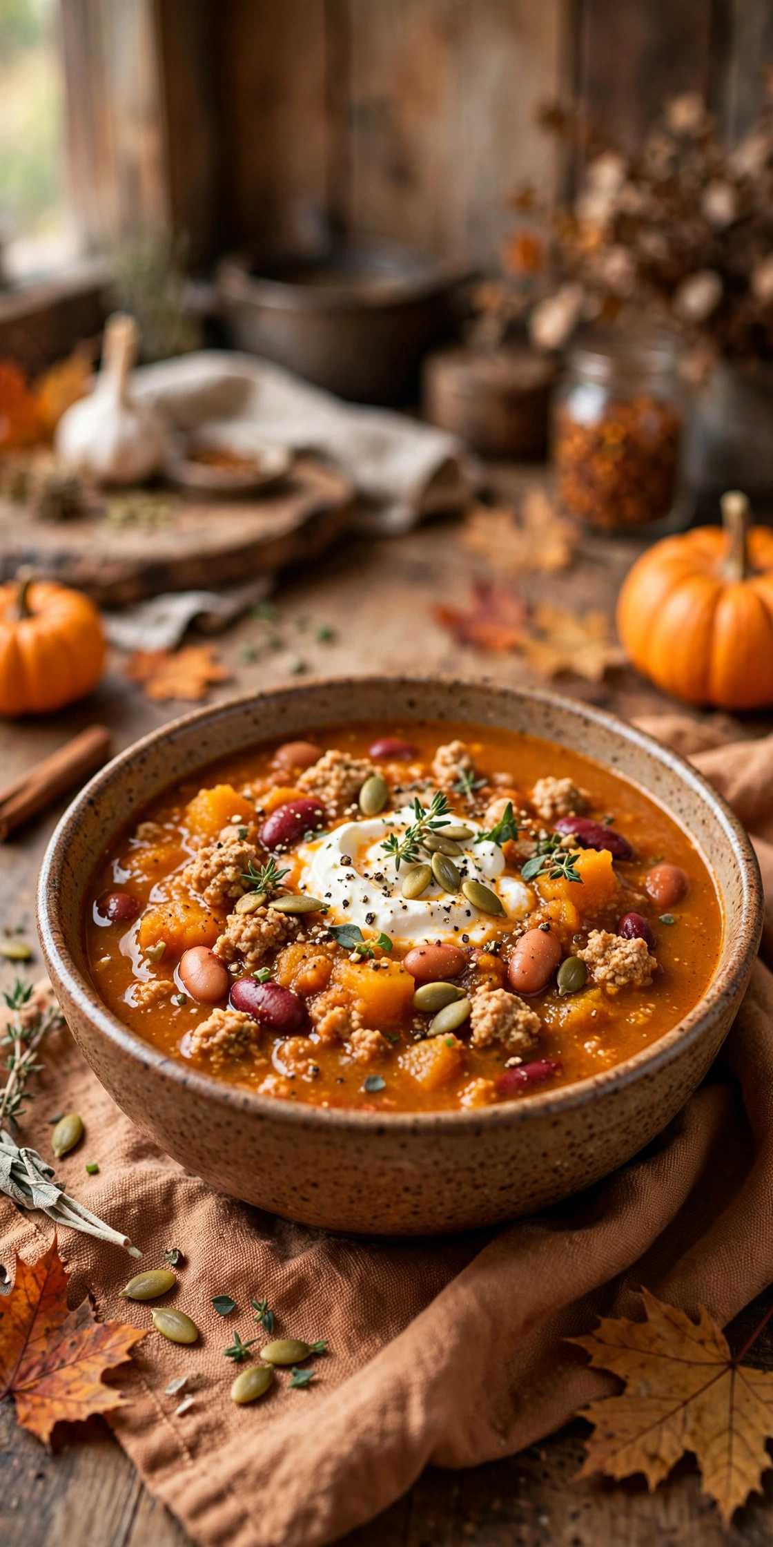 Pumpkin chili with ground turkey and pumpkin puree in orange-hued broth with beans, pepitas and sour cream