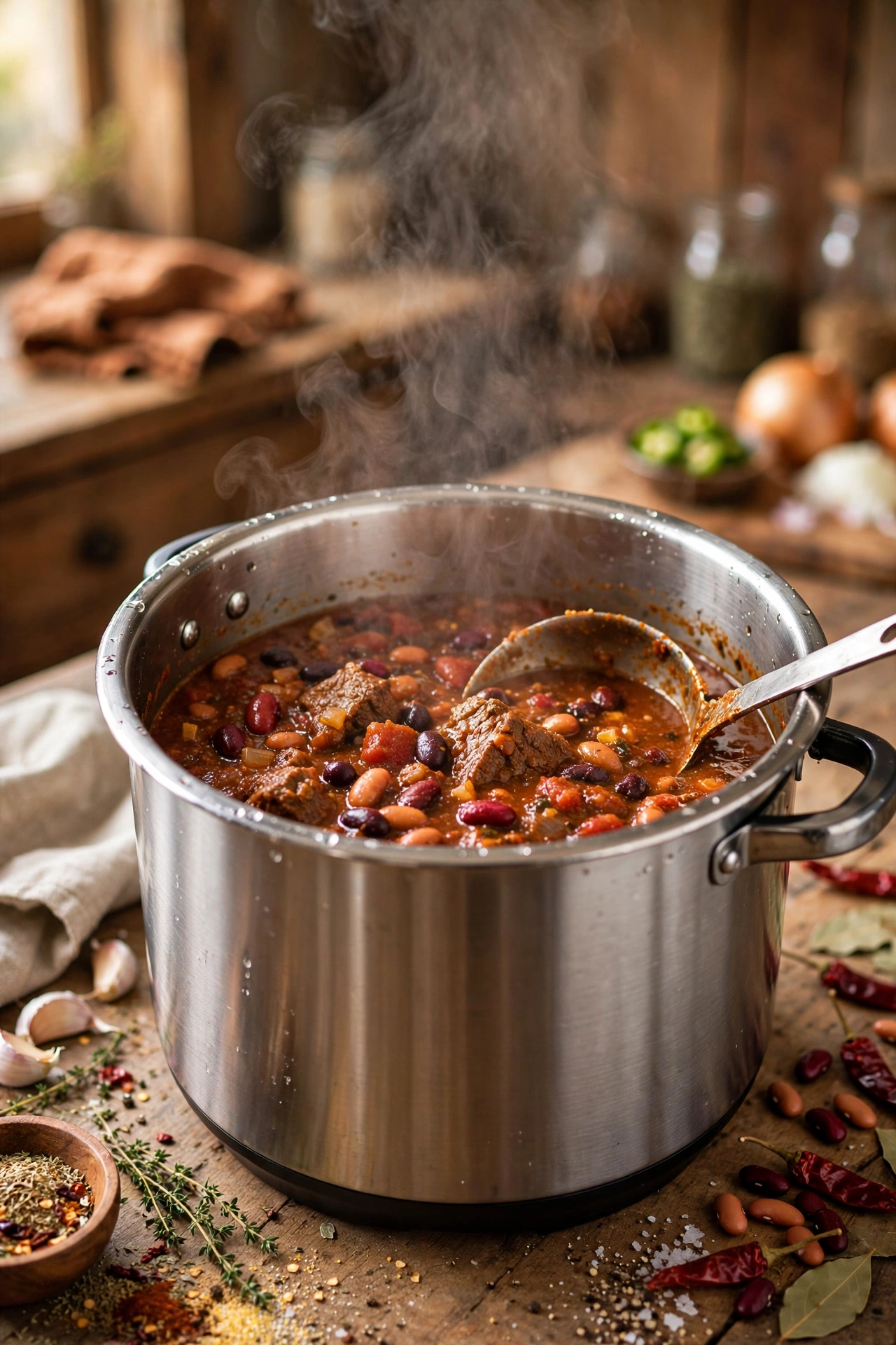 Instant pot chili with beef and beans in a stainless steel pressure cooker pot, steam rising, ladle inside
