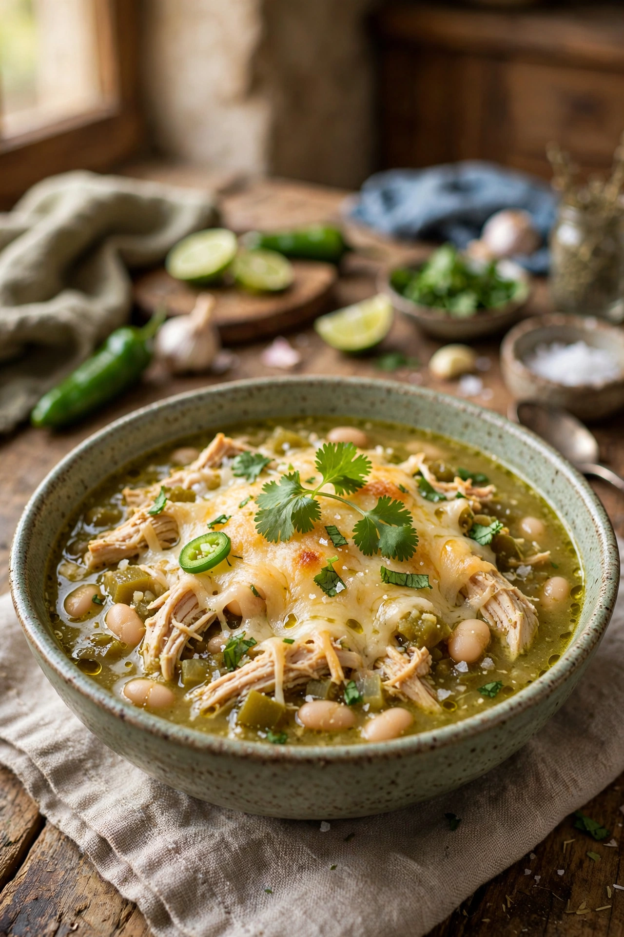 Green chile chicken chili with shredded chicken and white beans in light green broth, monterey jack and cilantro