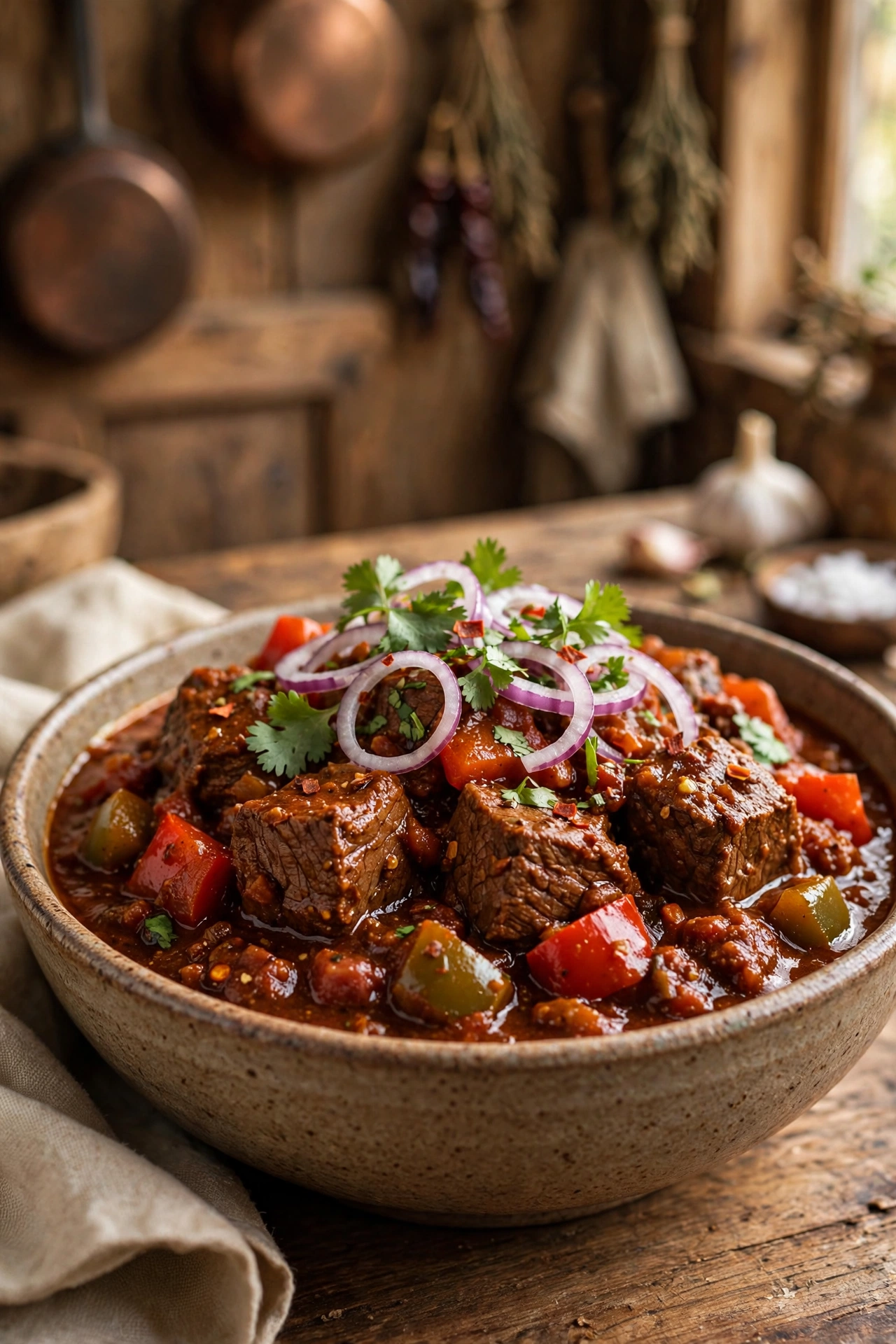 Chunky steak chili with large tender beef cubes and peppers in thick rich sauce, red onion and cilantro on top