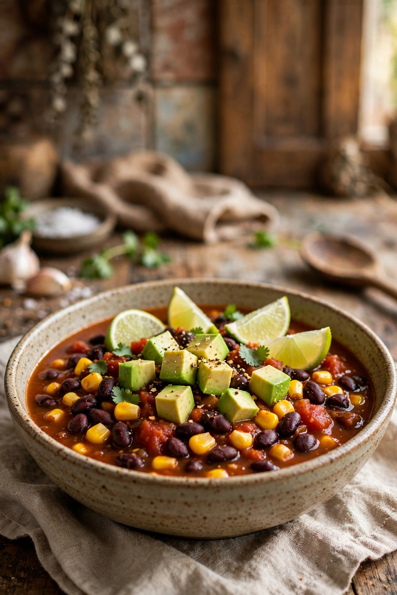 Black bean and corn chili with sweet corn kernels and black beans in tomato broth, avocado cubes and lime
