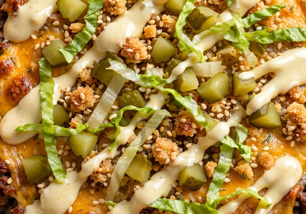 Classic big mac casserole with special sauce drizzle, melted cheddar and pickles