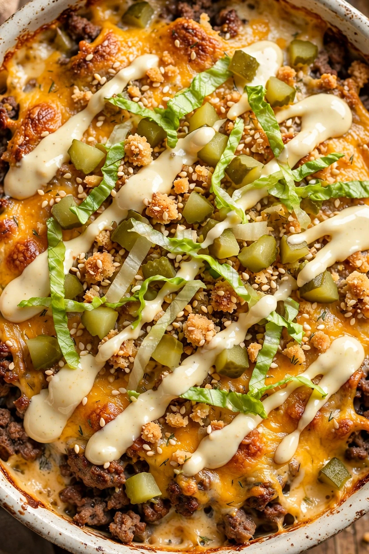 Classic big mac casserole with special sauce drizzle, melted cheddar and pickles