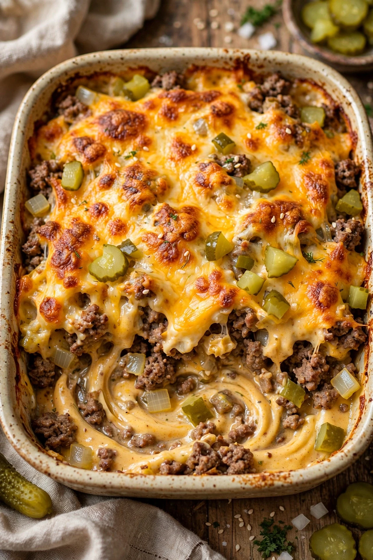 Cheeseburger casserole with ground beef, cheddar and toasted bun topping