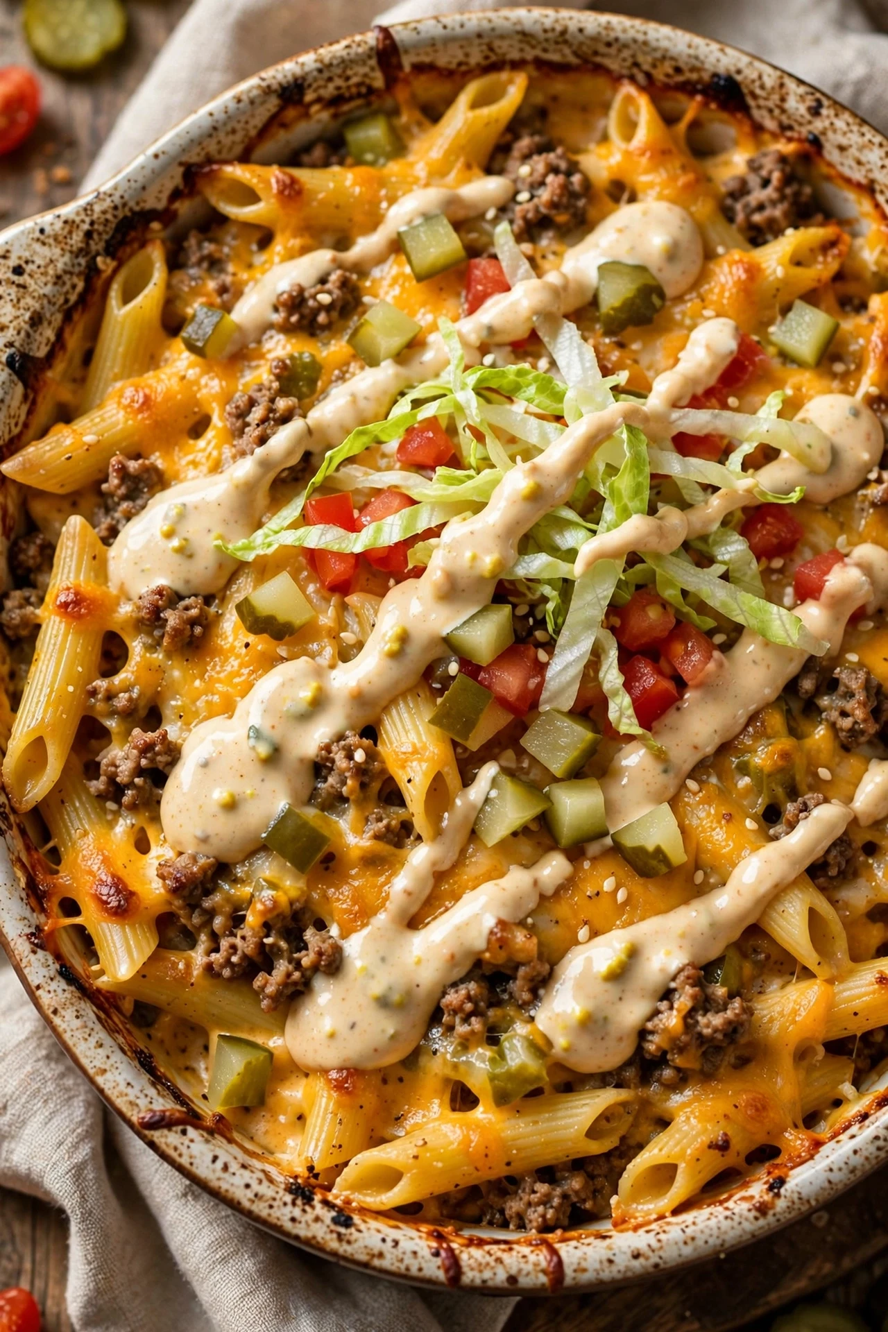 Big mac pasta casserole with elbow macaroni, beef and melted cheese