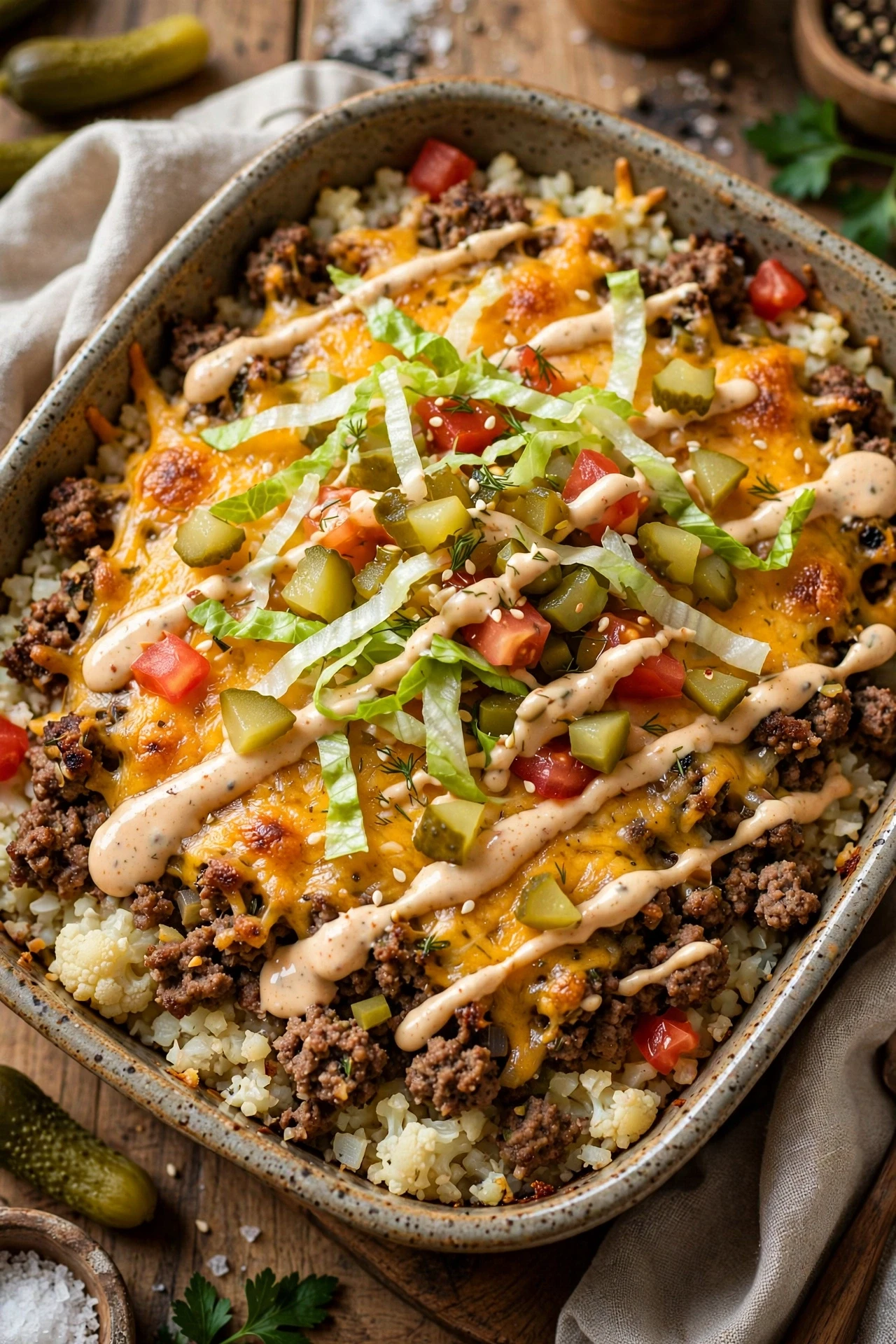Low-carb big mac casserole with cauliflower, beef and cheese, no bun