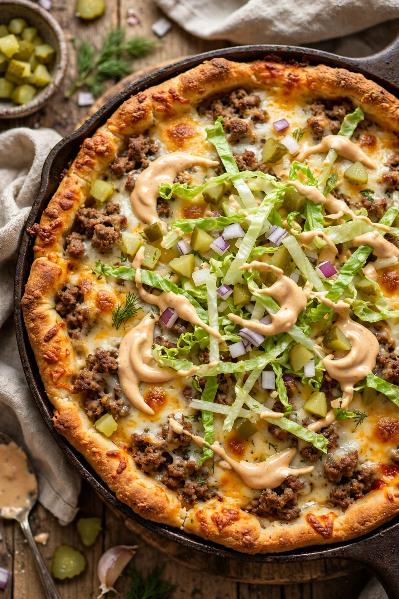 Big mac pizza casserole with pizza crust, beef, cheese and pickles