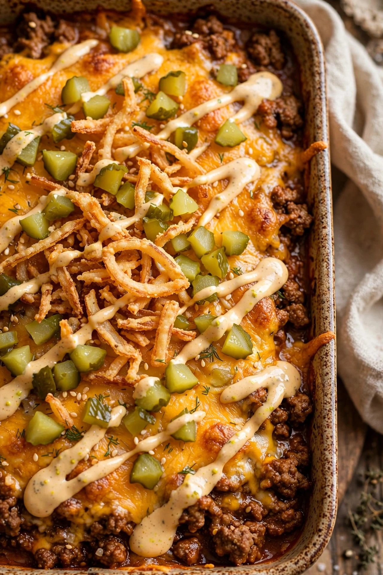 Big mac sloppy joe casserole with saucy beef and melted cheese