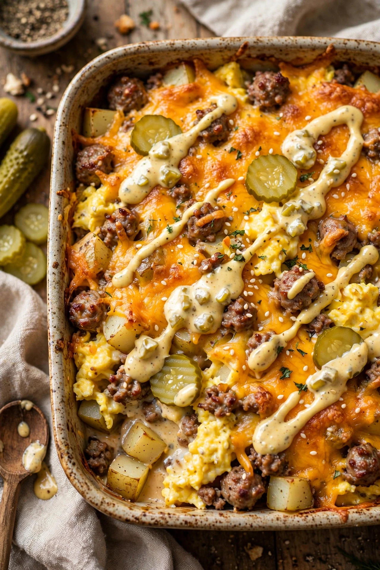 Big mac breakfast casserole with eggs, sausage, cheese and potatoes