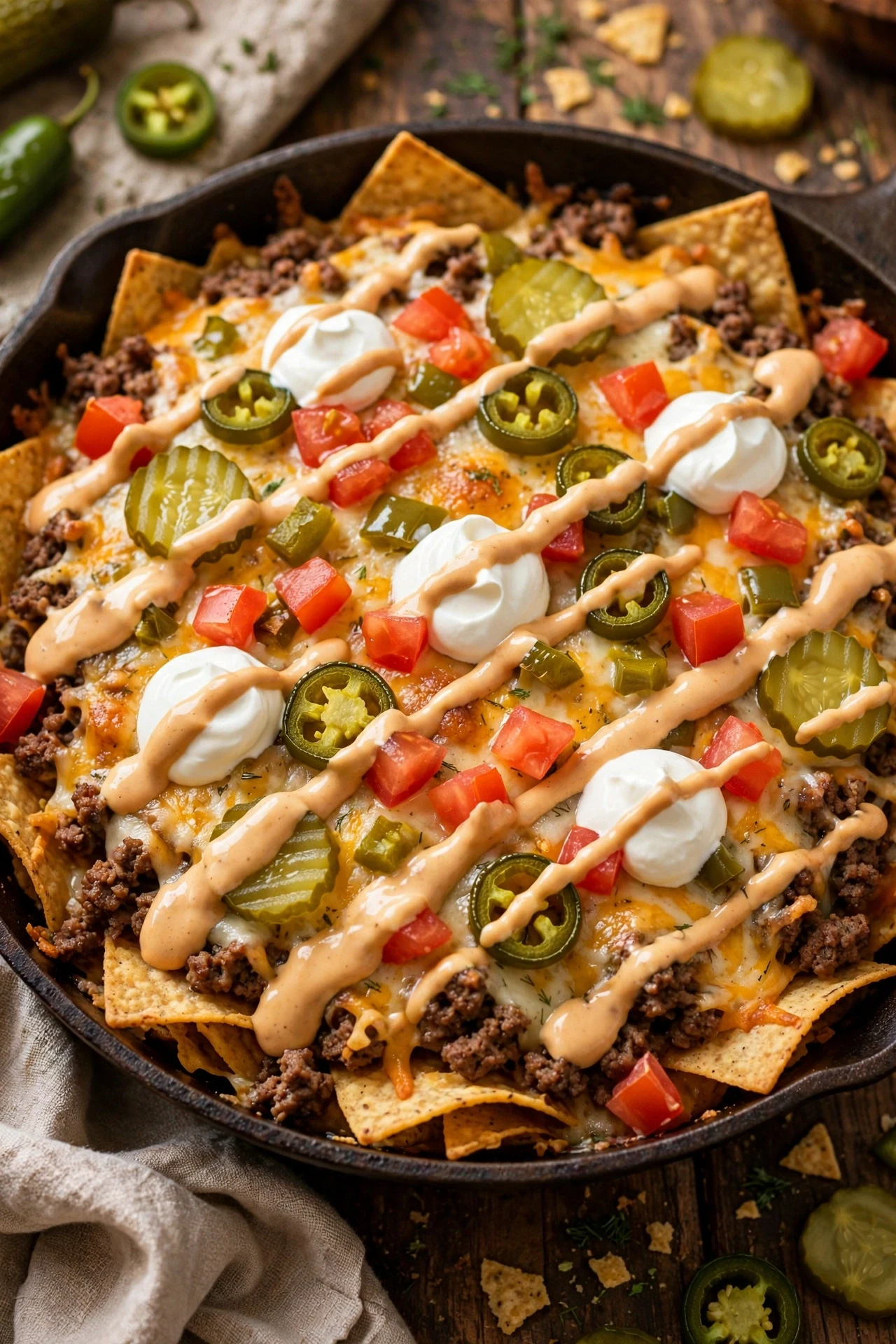 Big mac nacho casserole with tortilla chips, beef, cheese and toppings