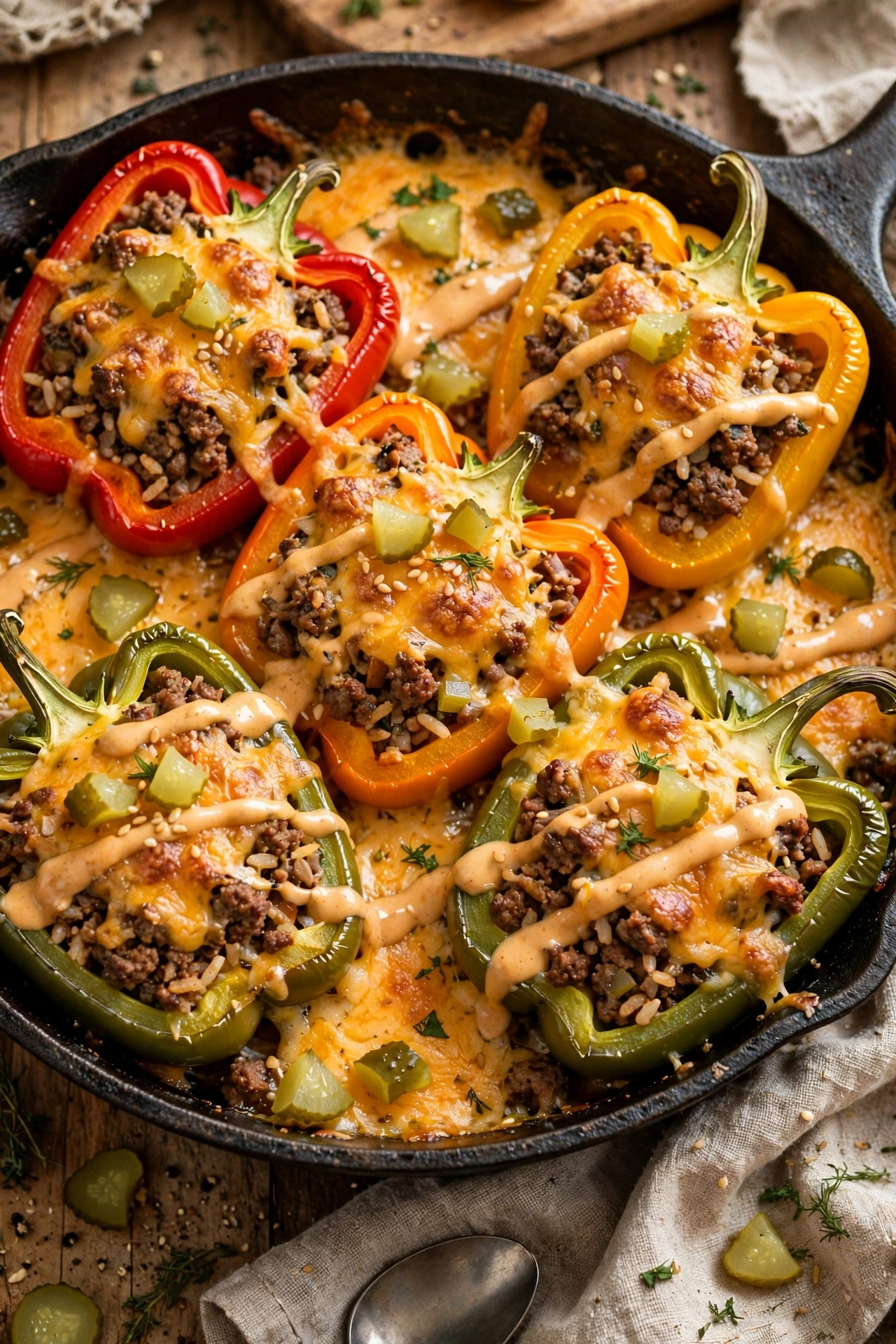 Big mac stuffed peppers casserole with bell peppers, beef and cheese