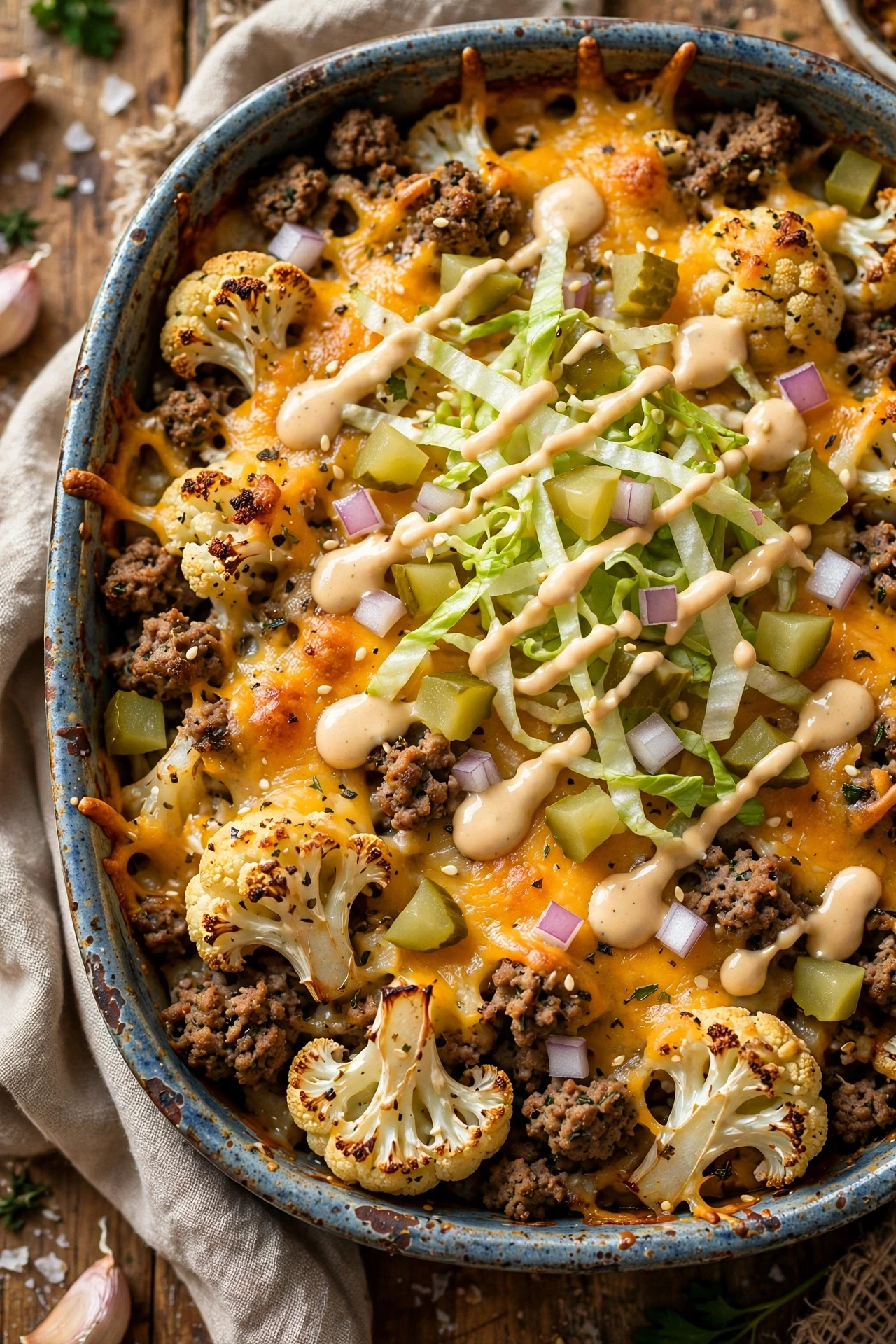 Big mac cauliflower casserole, low-carb bake with cheese and pickles