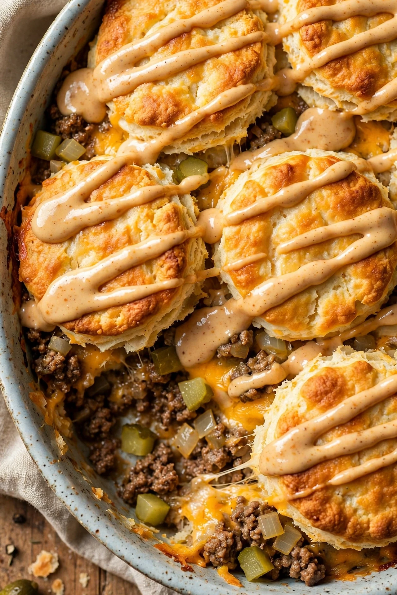 Big mac biscuit casserole with fluffy biscuits baked on top