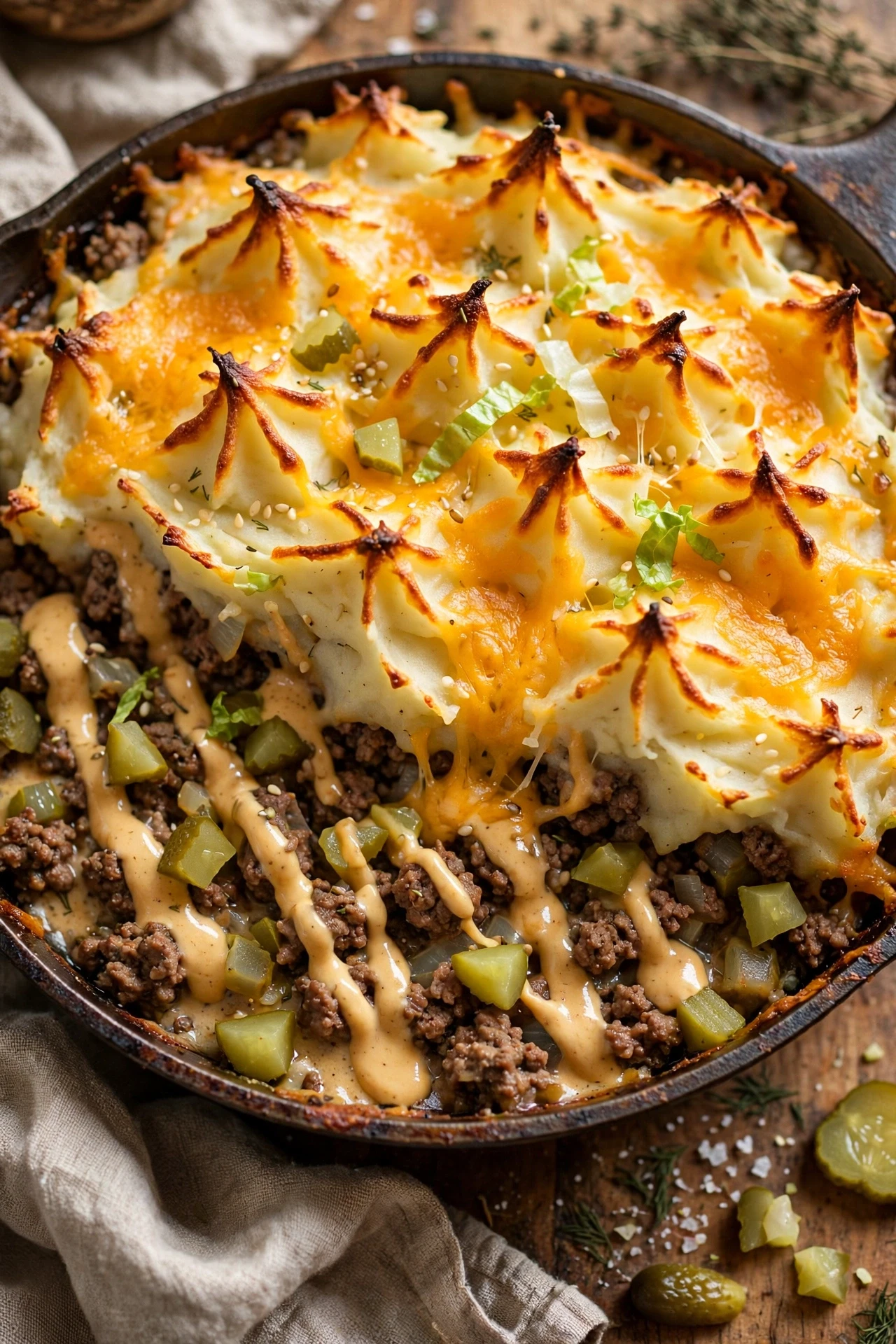 Big mac shepherd's pie with mashed potato topping and beef filling