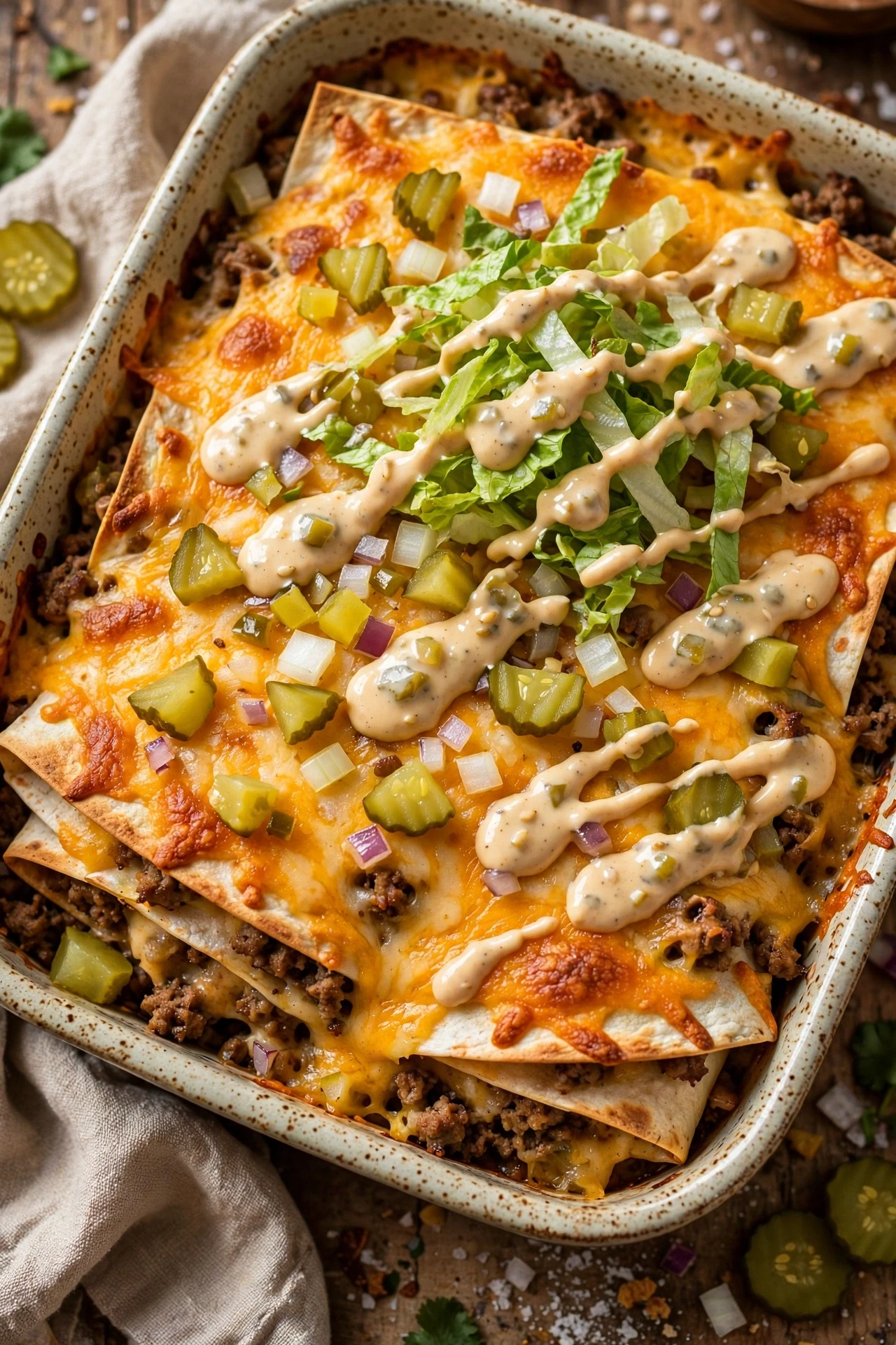 Big mac quesadilla casserole with tortillas, beef, cheese and special sauce