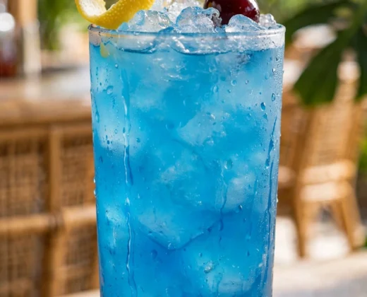 Tall glass of blue lagoon cocktail with ice, lemon twist, and turquoise color