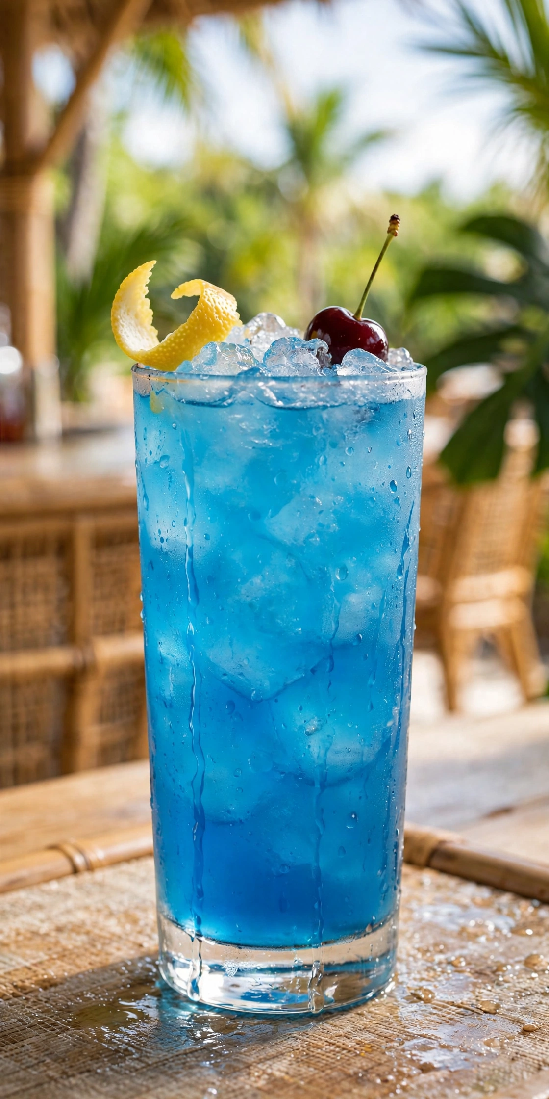 Tall glass of blue lagoon cocktail with ice, lemon twist, and turquoise color