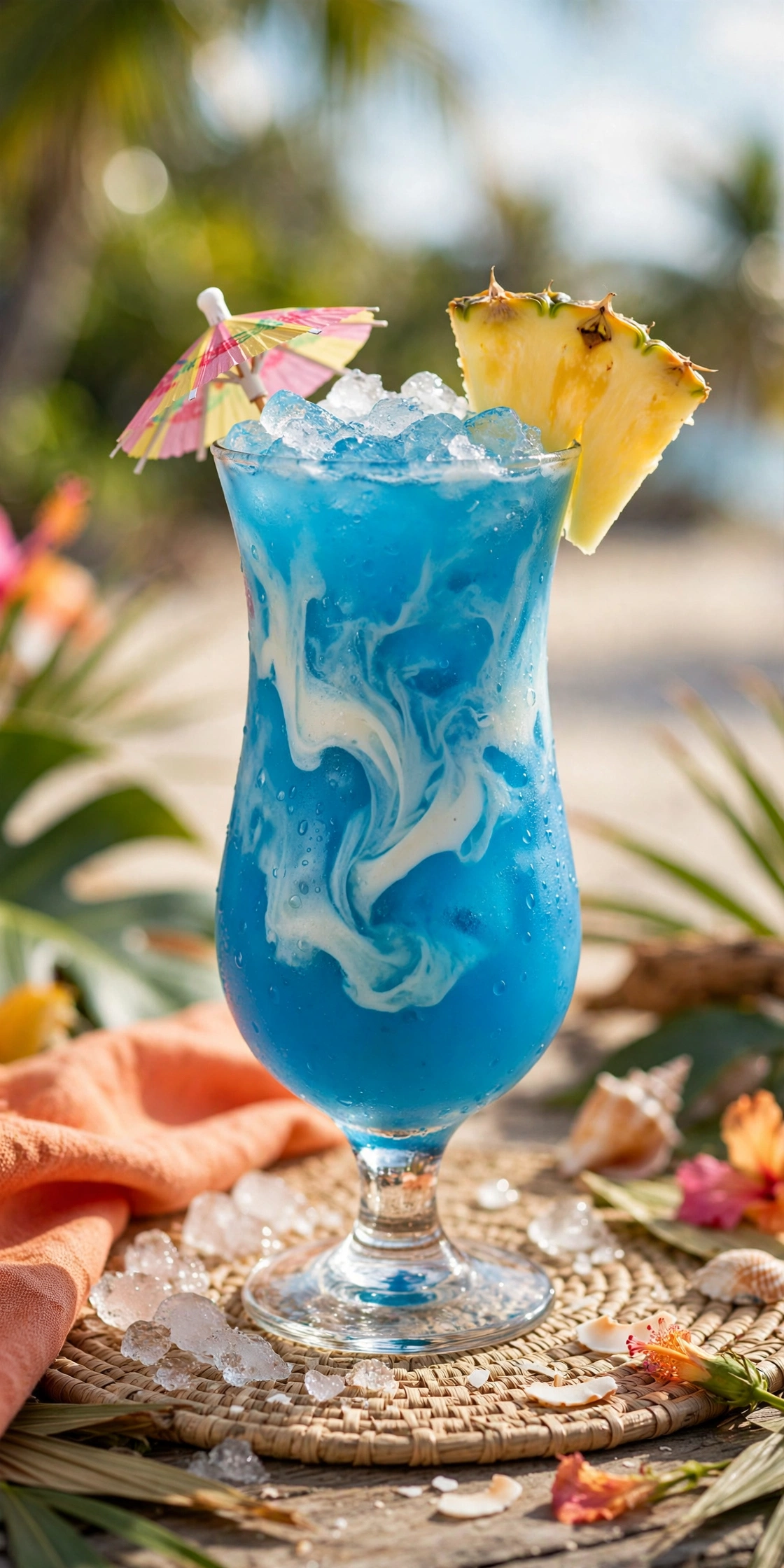 Blue Hawaiian mocktail in a hurricane glass with pineapple wedge and umbrella