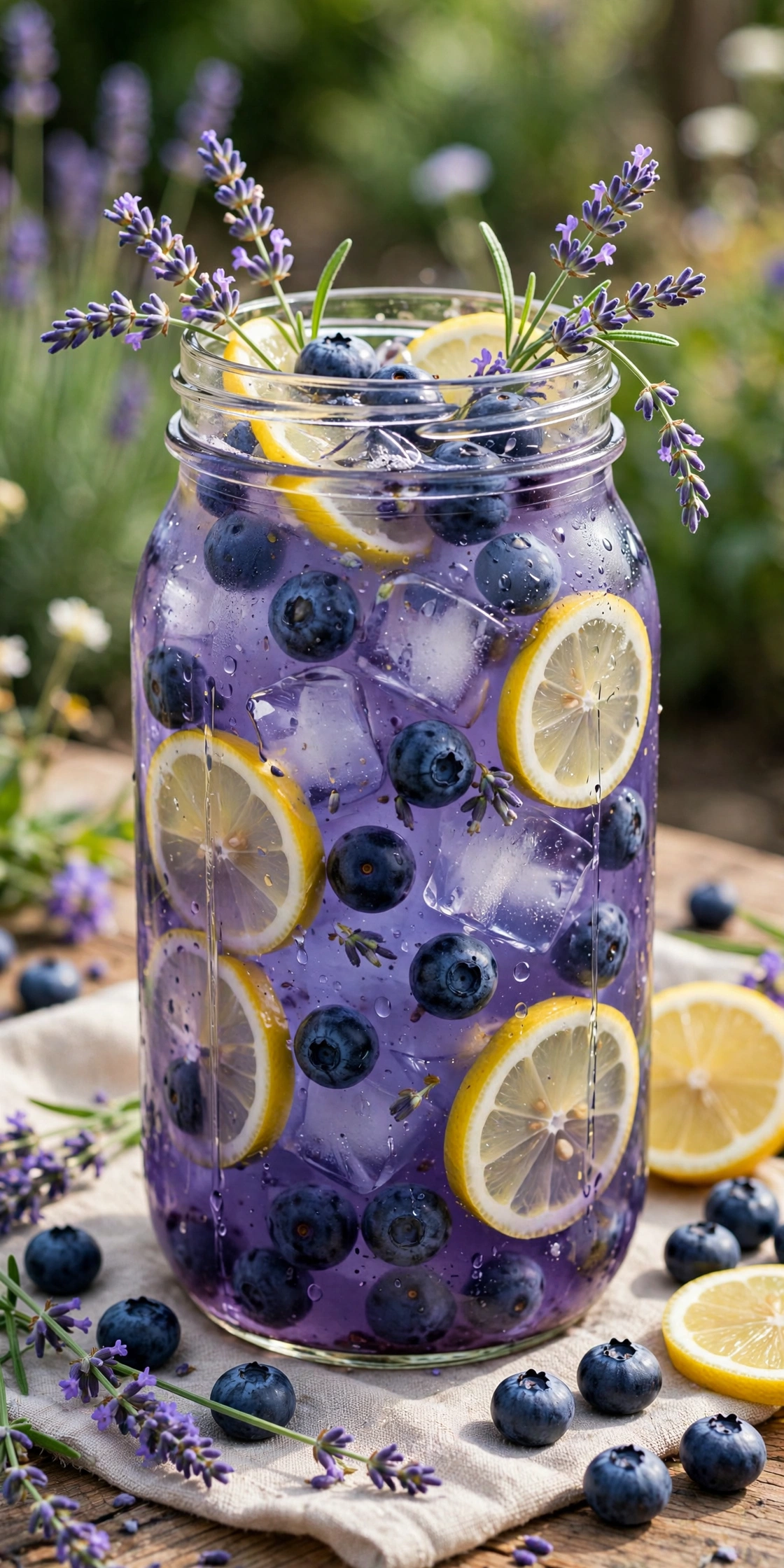Glass pitcher of blueberry lavender lemonade with fresh blueberries and lemon slices