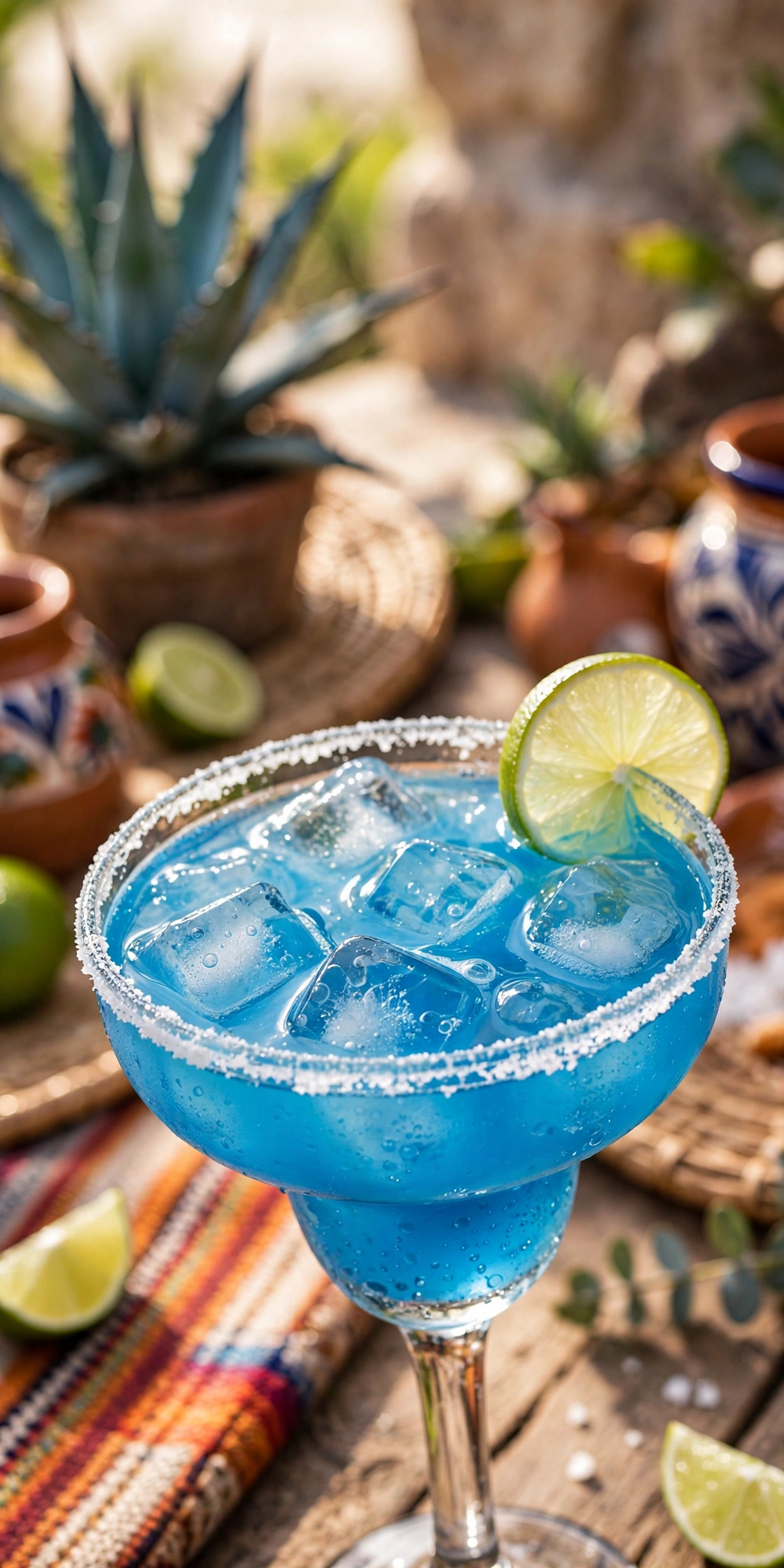 Blue margarita in a salt rimmed glass with lime wedge and vivid blue color