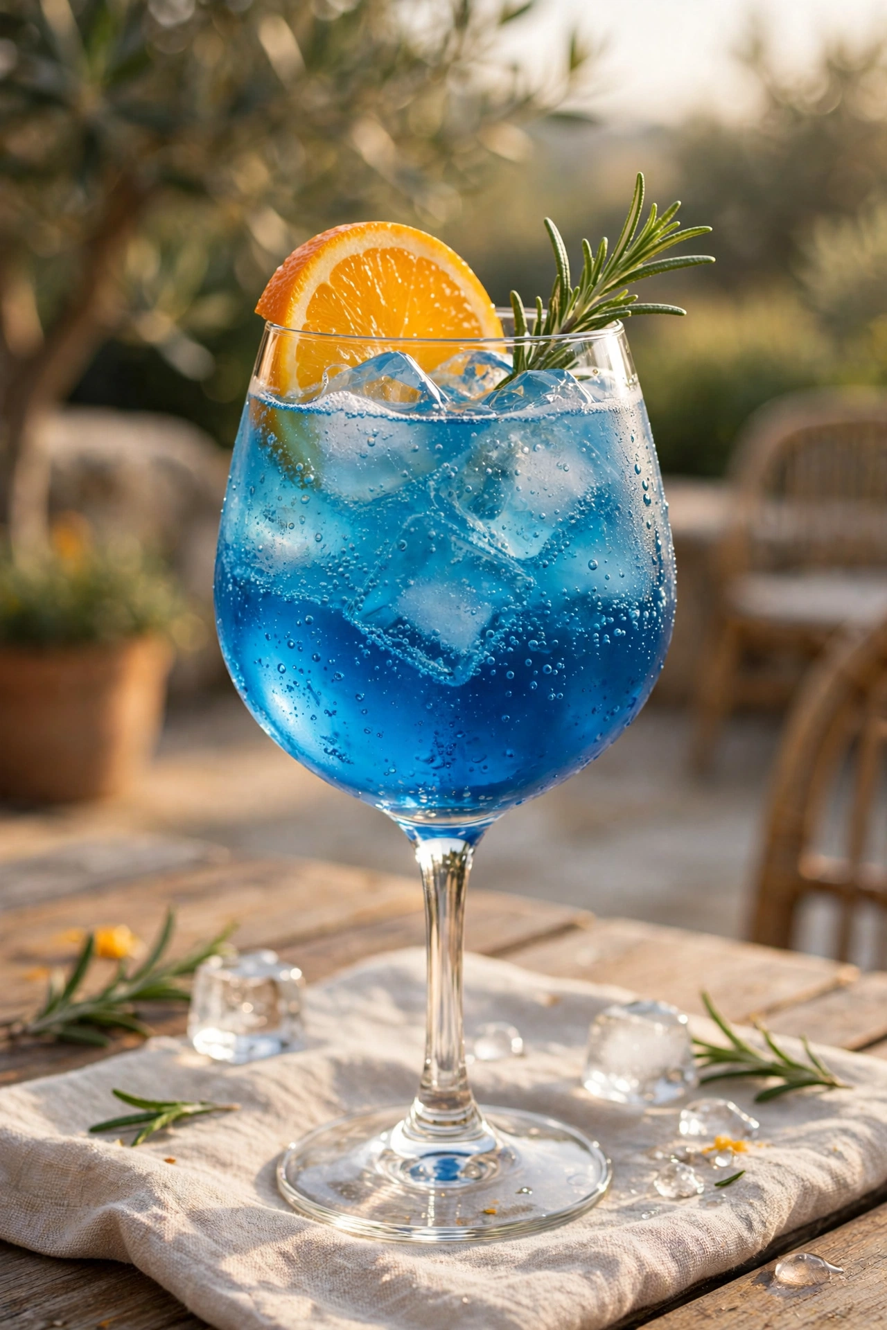 Blue curacao spritz in a wine glass with prosecco bubbles and orange slice