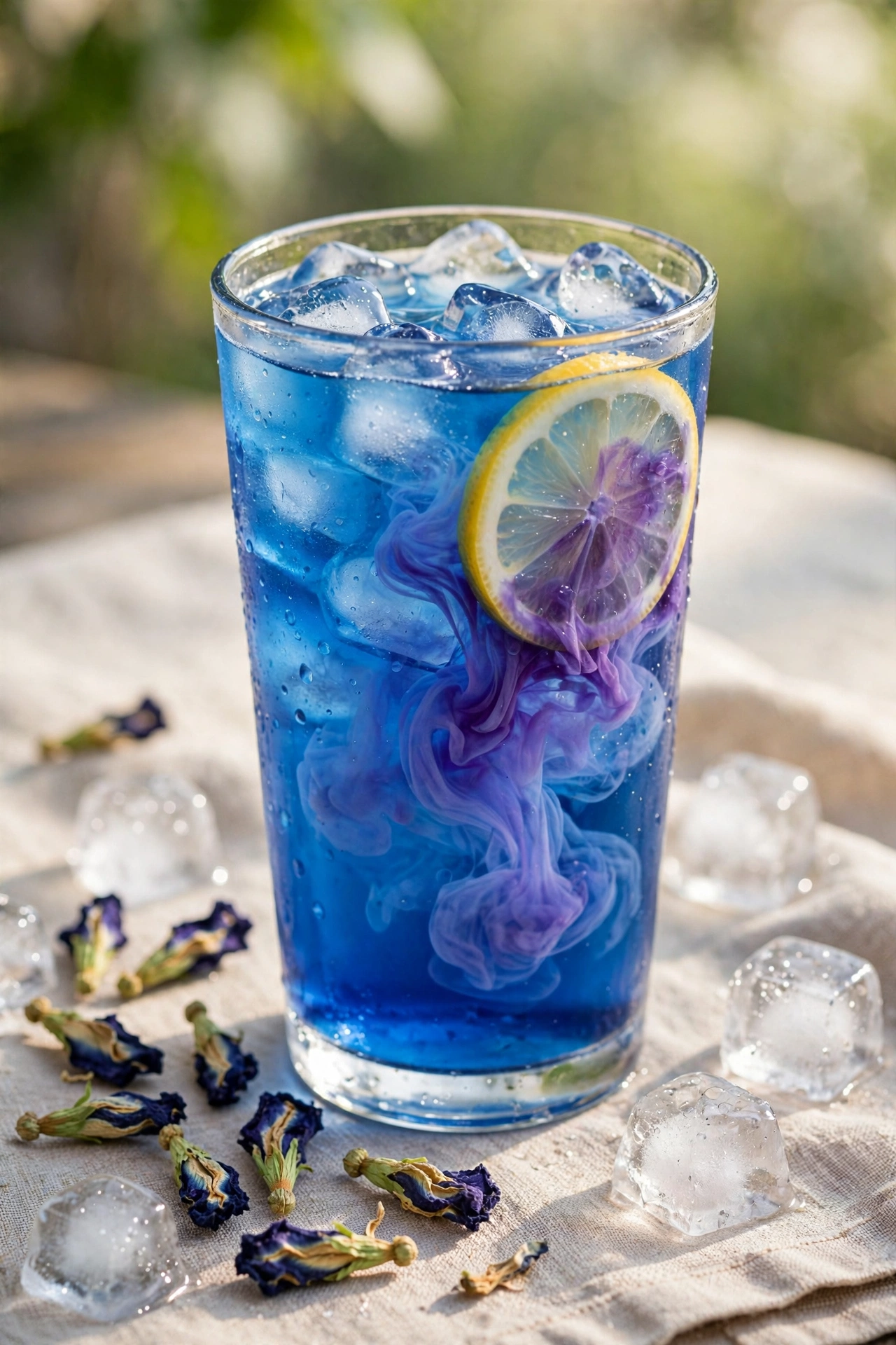 Glass of butterfly pea flower iced tea with lemon wedge and deep blue color