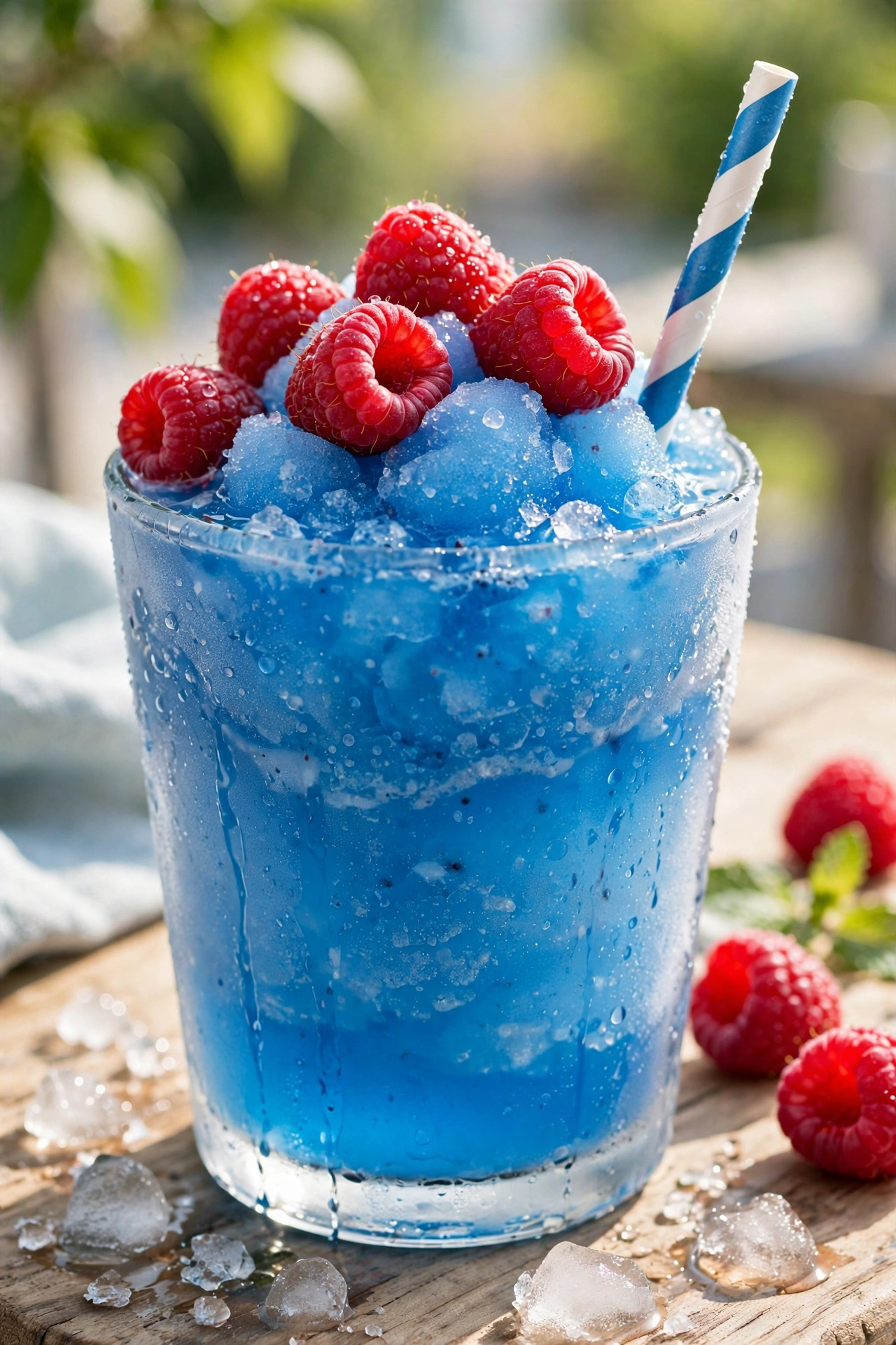 Blue raspberry slush in a tall glass with swirled icy texture and straw