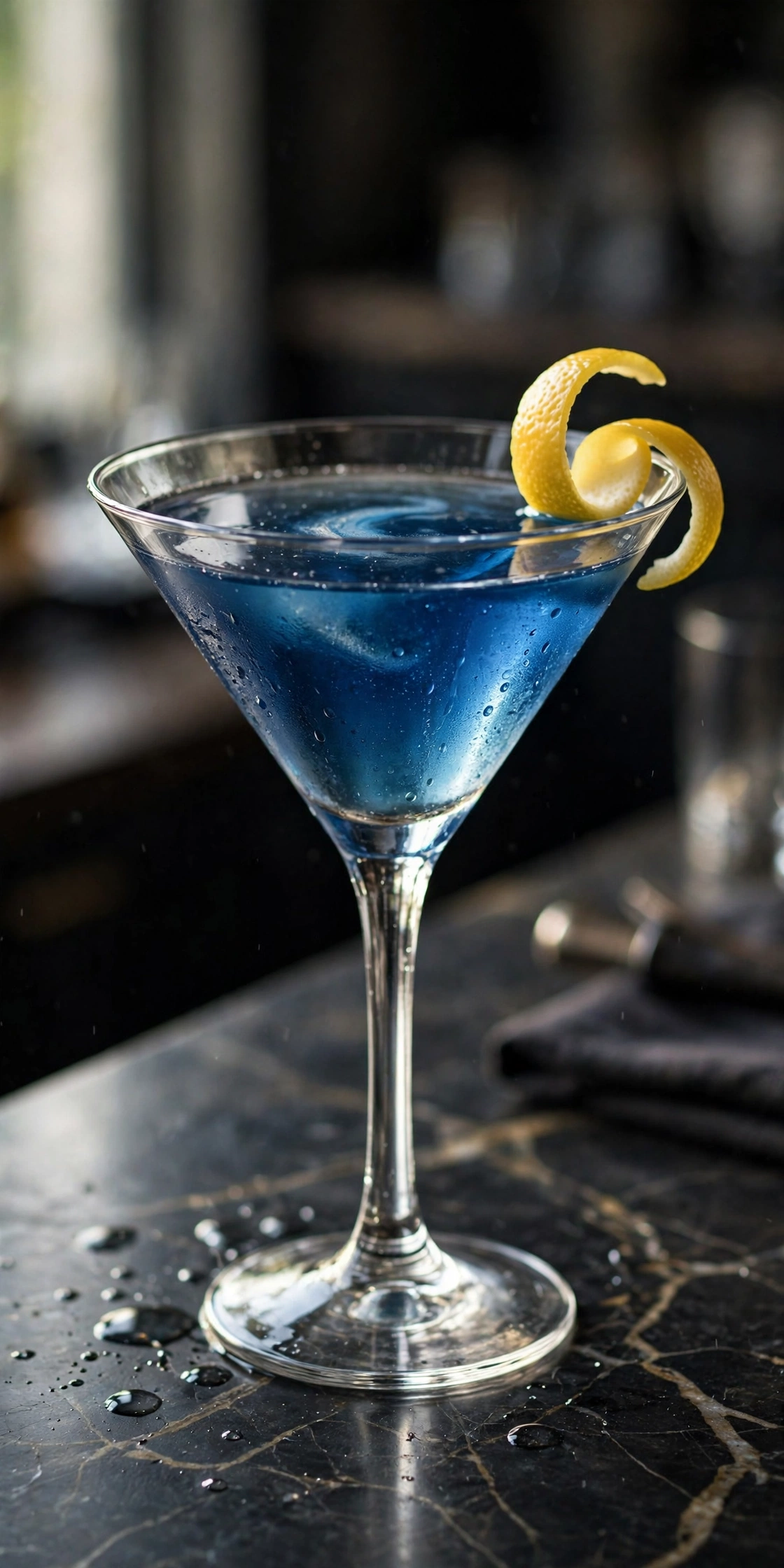 Blue martini in a chilled coupe glass with olive garnish and sapphire color
