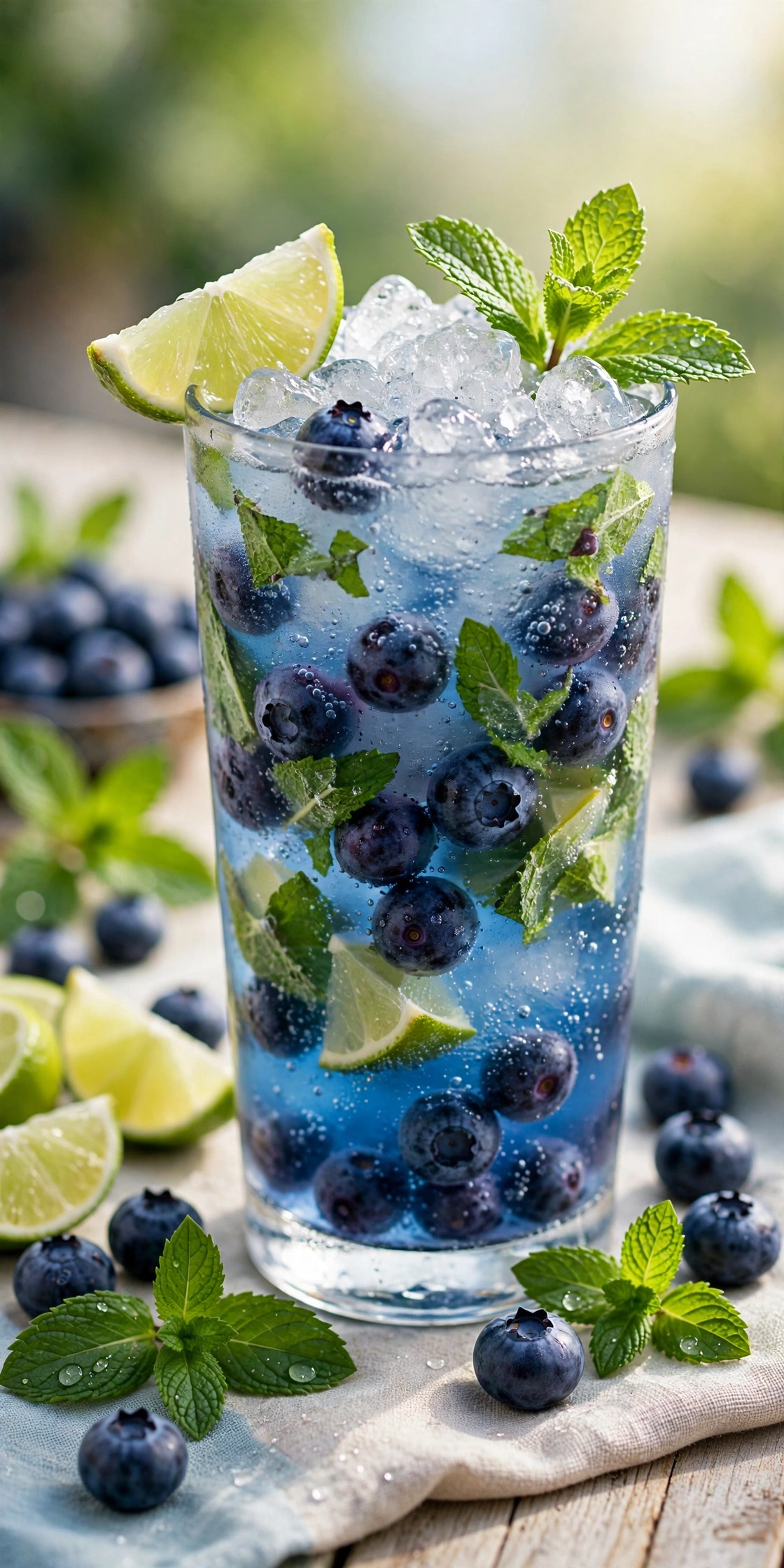 Blueberry mint mojito mocktail with muddled blueberries, mint leaves, and crushed ice