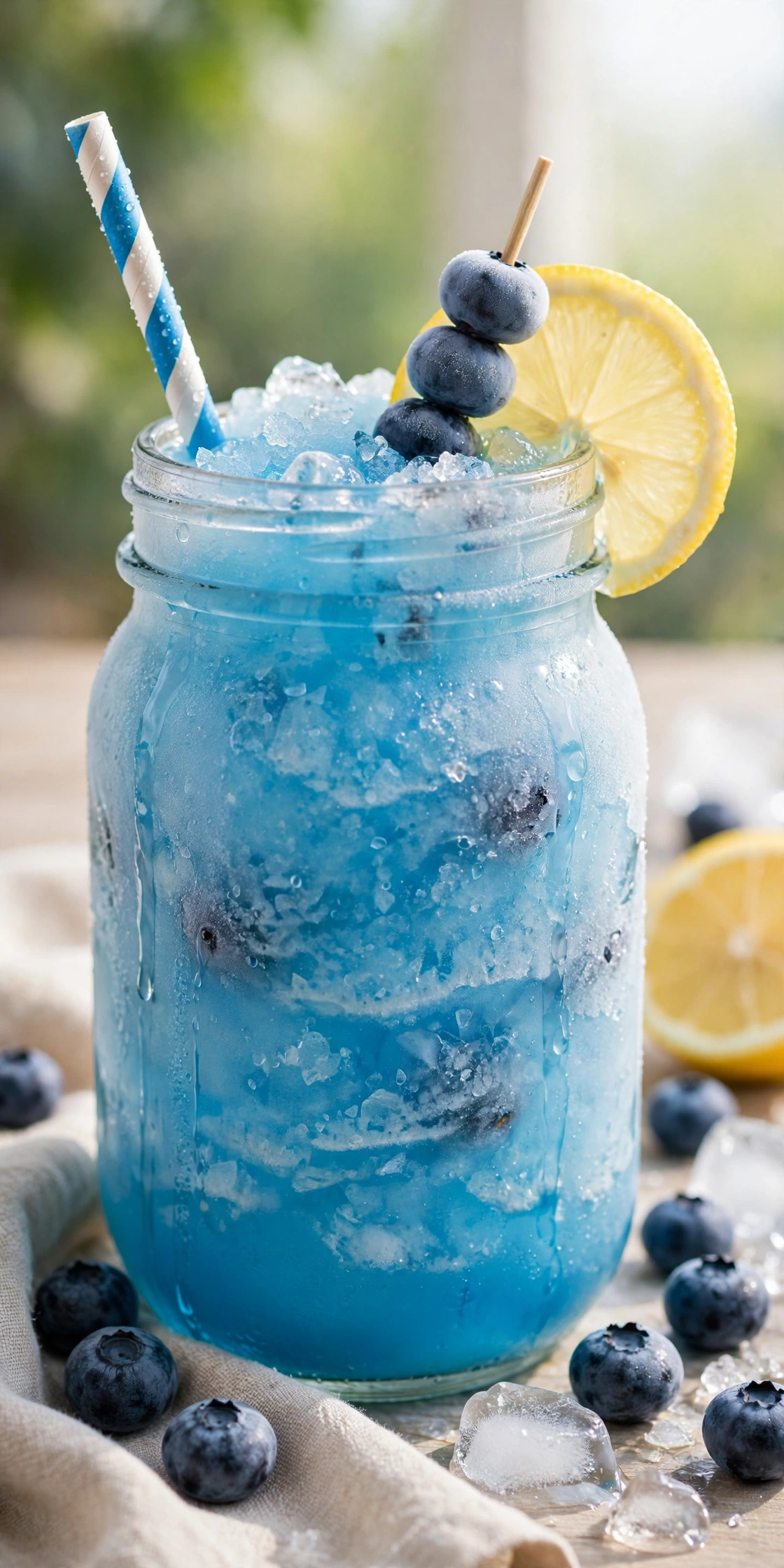 Frozen blue lemonade swirled in a mason jar with lemon slice and frosty texture