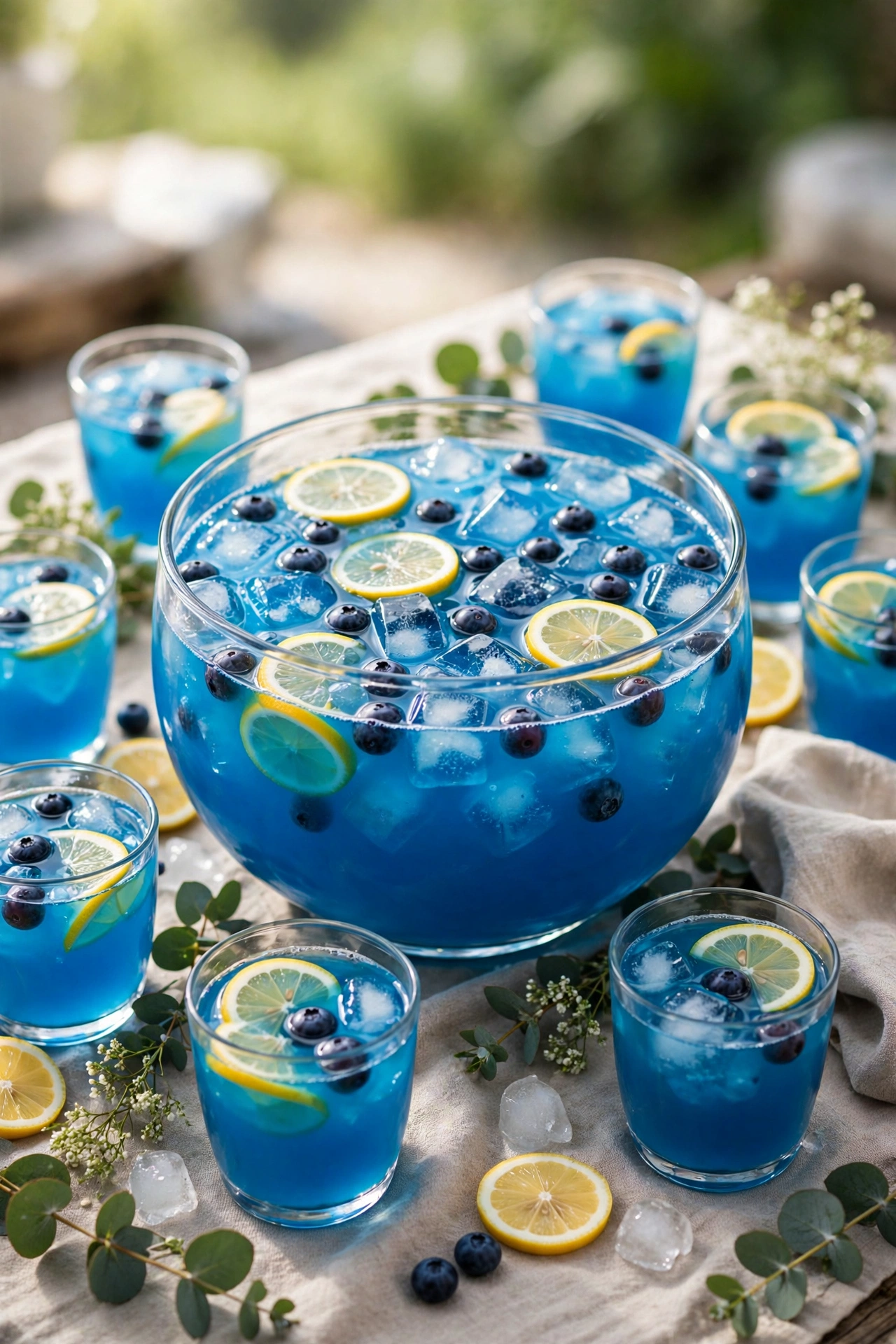 Blue glacier punch in a large punch bowl with floating fruit and ice ring